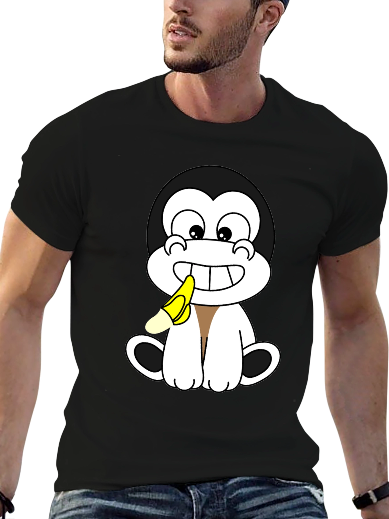 Cartoon Monkey Eating Banana Graphic T-Shirt