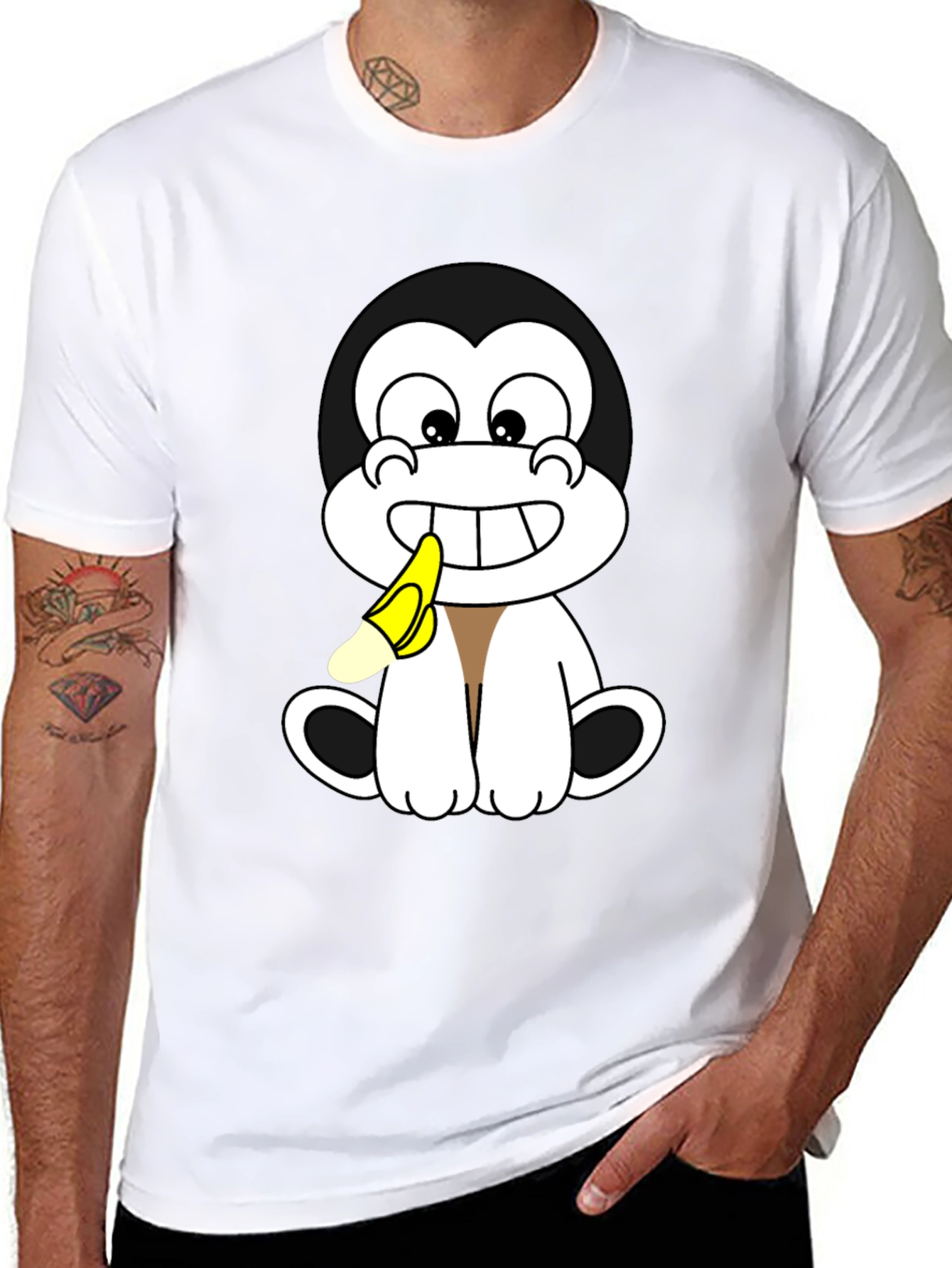 Cartoon Monkey Eating Banana Graphic T-Shirt