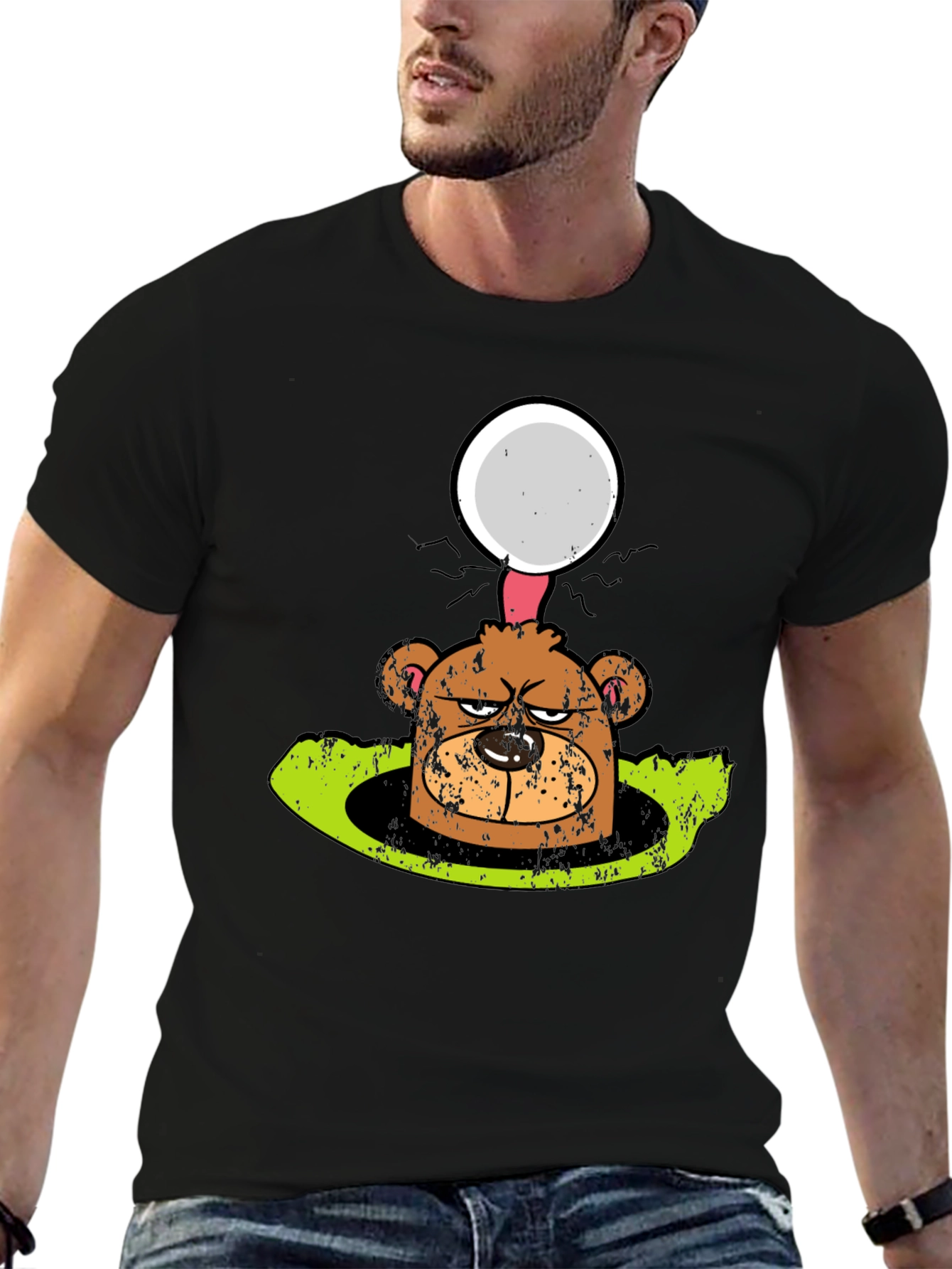 Funny Angry Bear Golf Ball Hole Black T-Shirt
