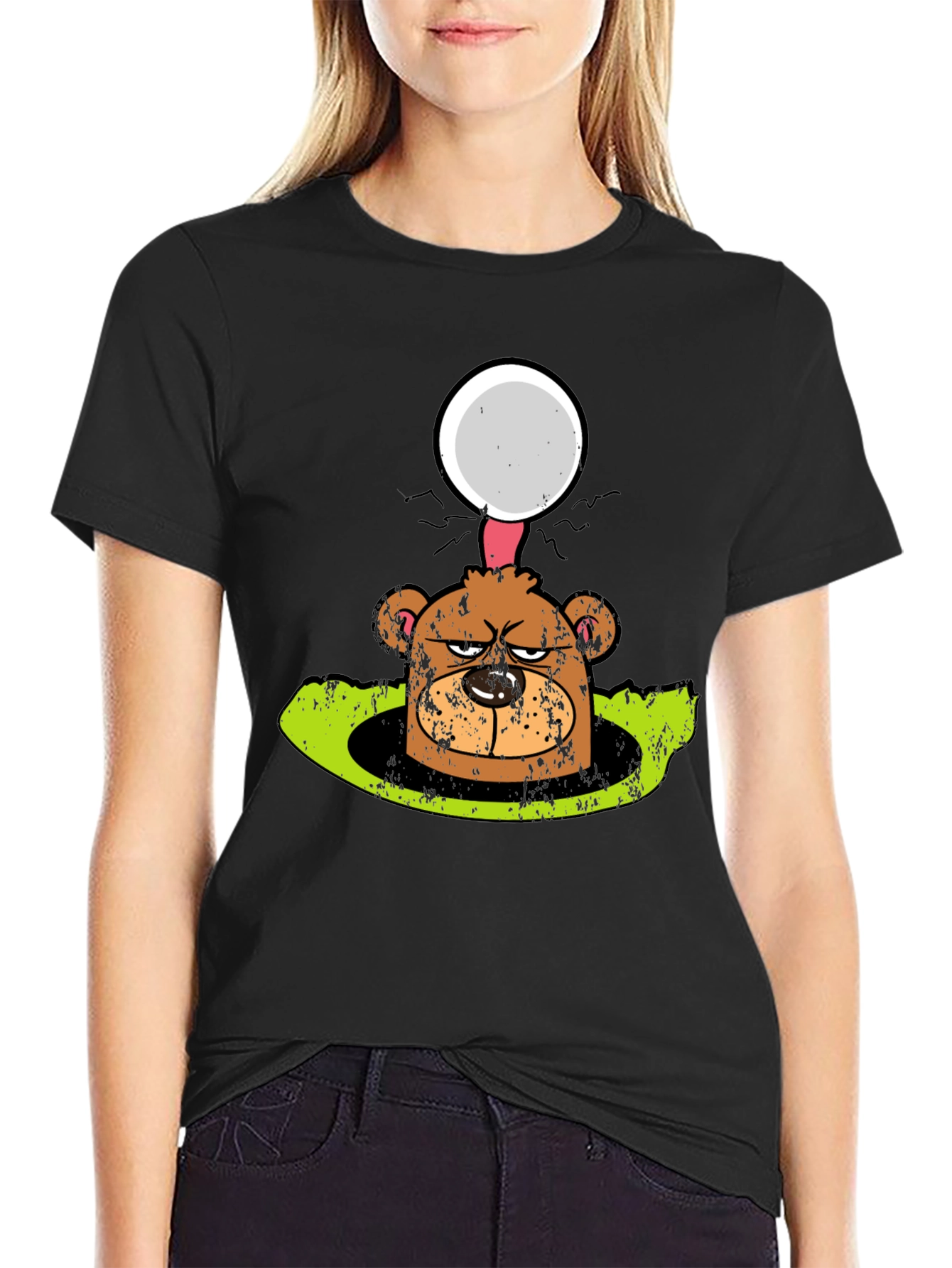Funny Angry Bear Golf Ball Hole Black T-Shirt
