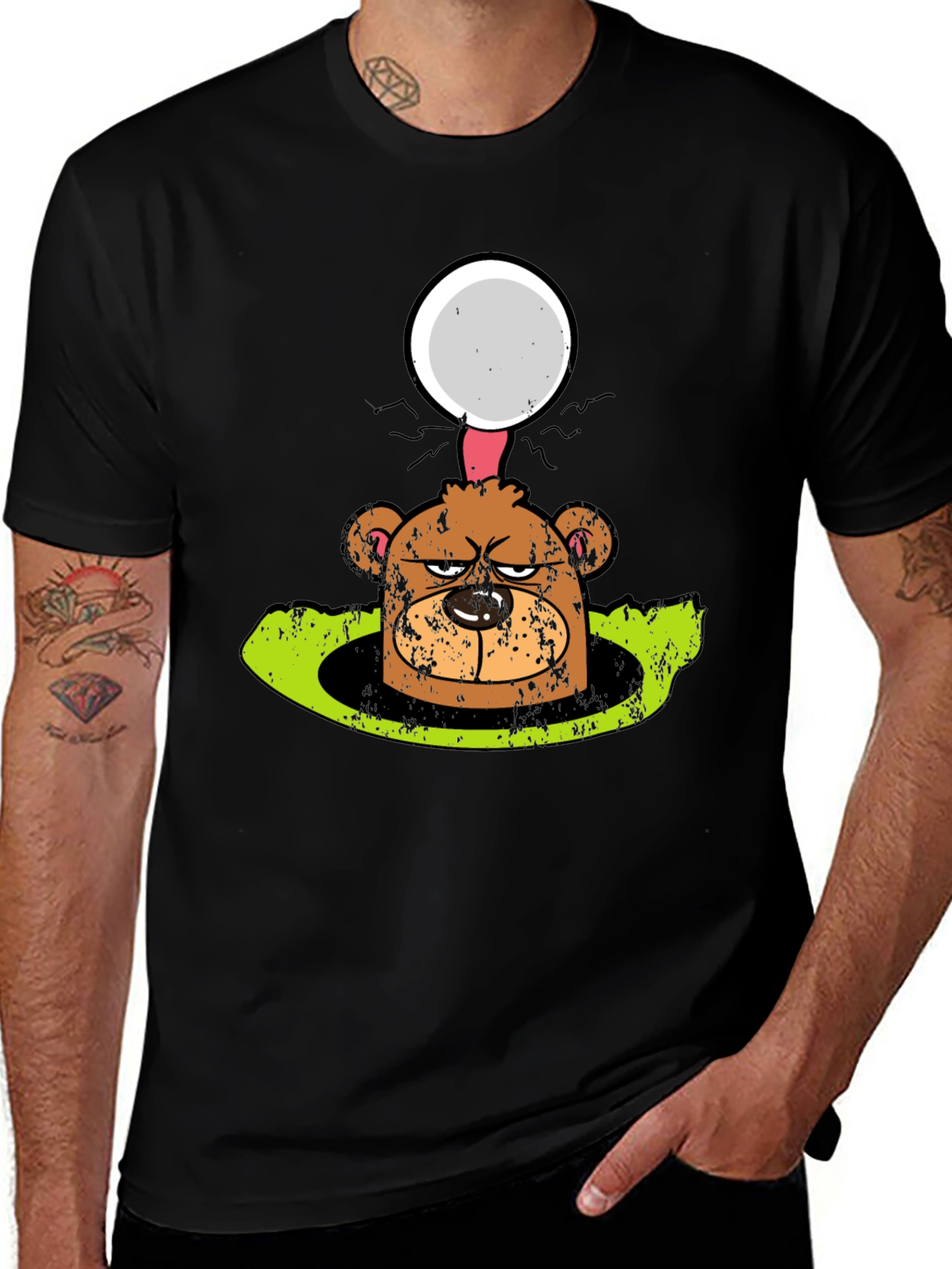 Funny Angry Bear Golf Ball Hole Black T-Shirt