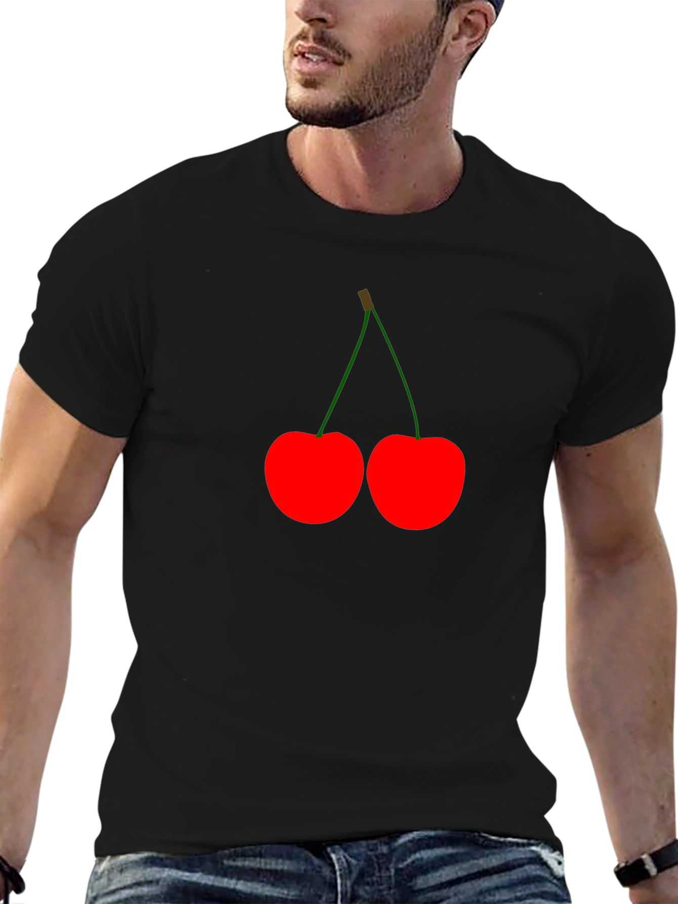 Red Cherry Graphic Print Black T-Shirt