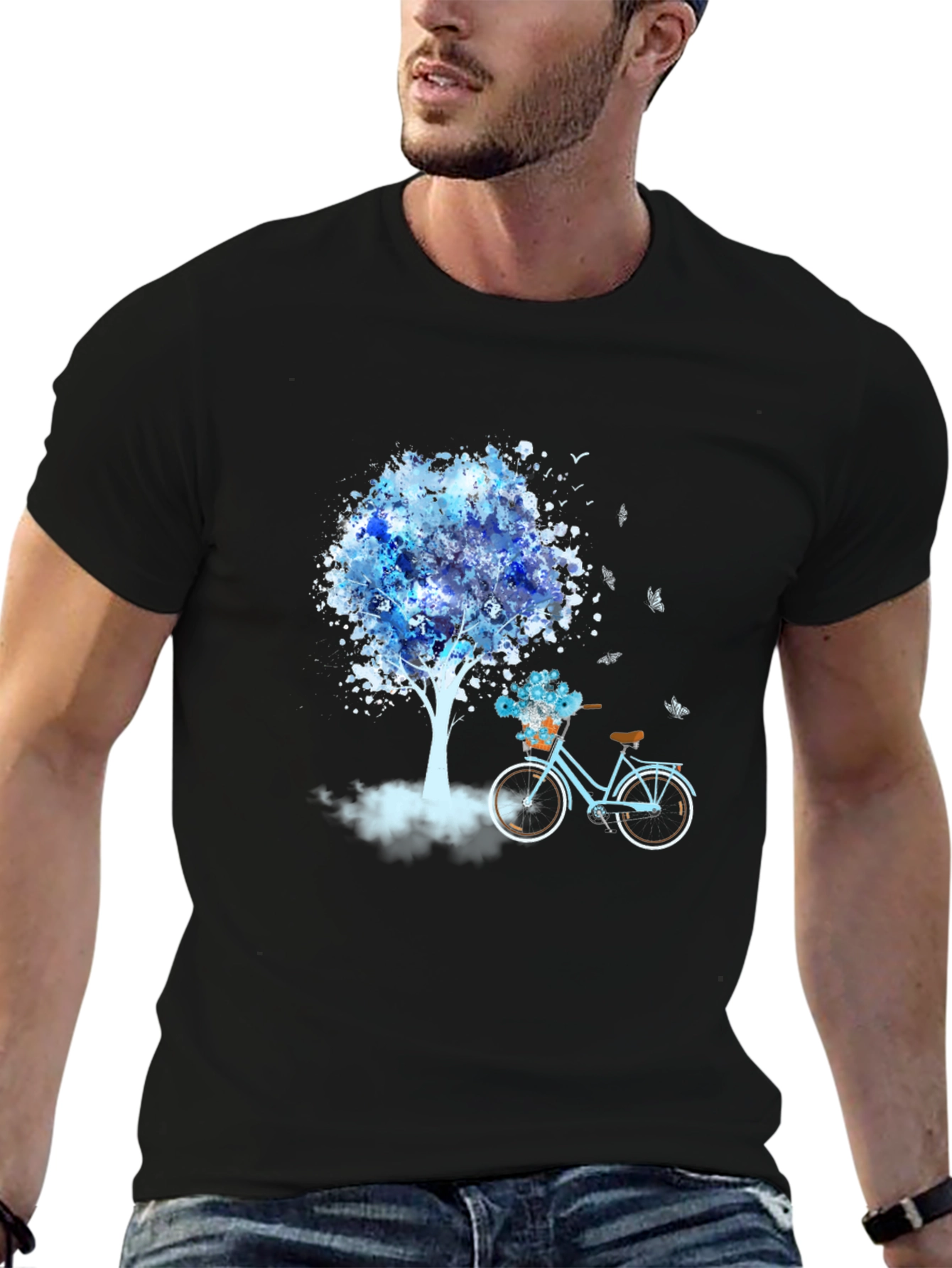 Blue Tree Bicycle Black T-Shirt