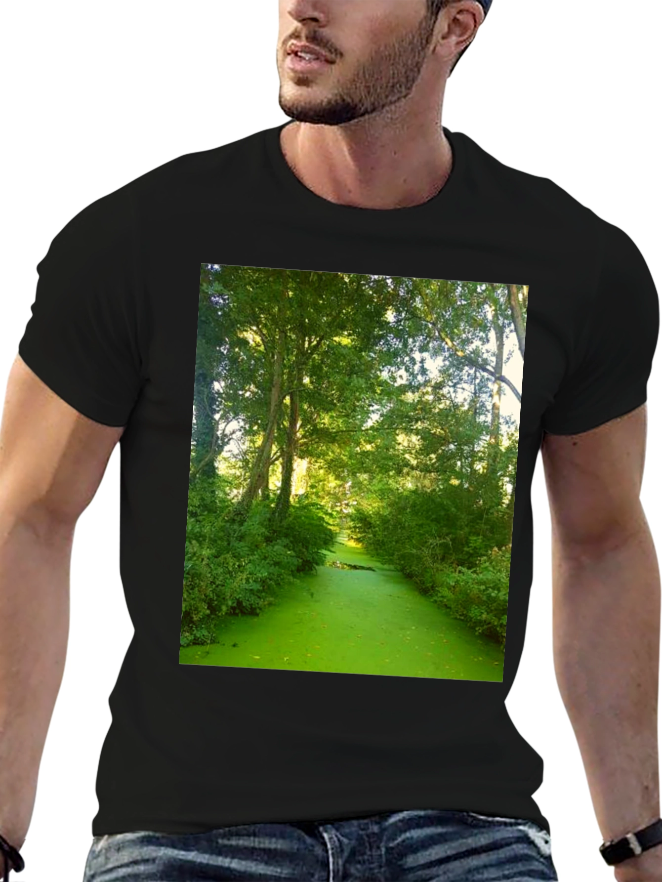 Nature Scene Graphic Tee - Lush Green River Design