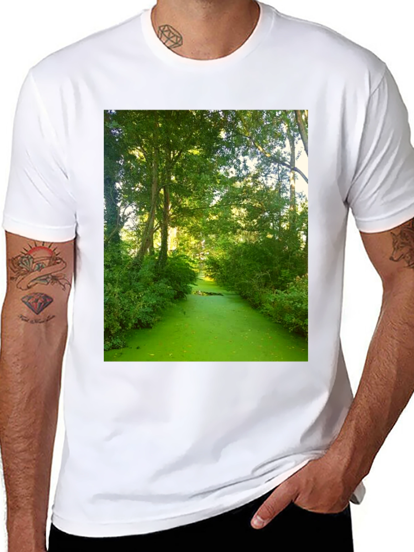 Nature Scene Graphic Tee - Lush Green River Design
