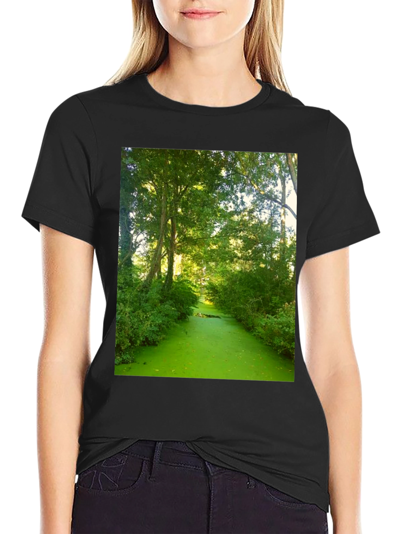 Nature Scene Graphic Tee - Lush Green River Design