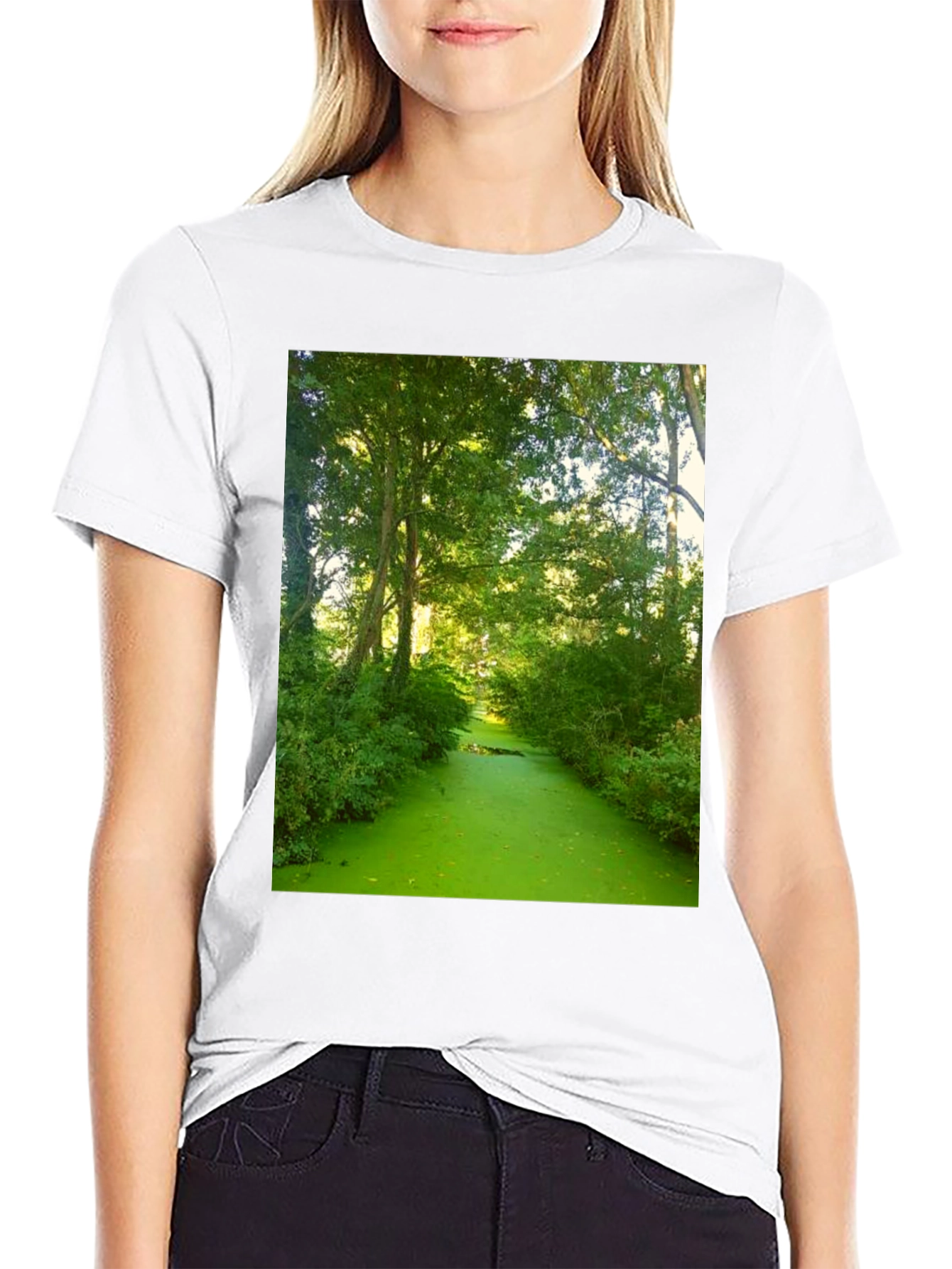 Nature Scene Graphic Tee - Lush Green River Design