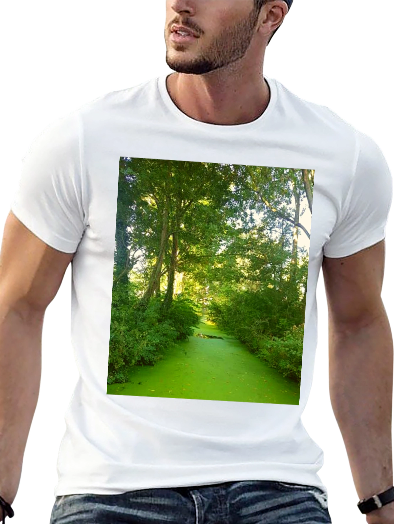 Nature Scene Graphic Tee - Lush Green River Design