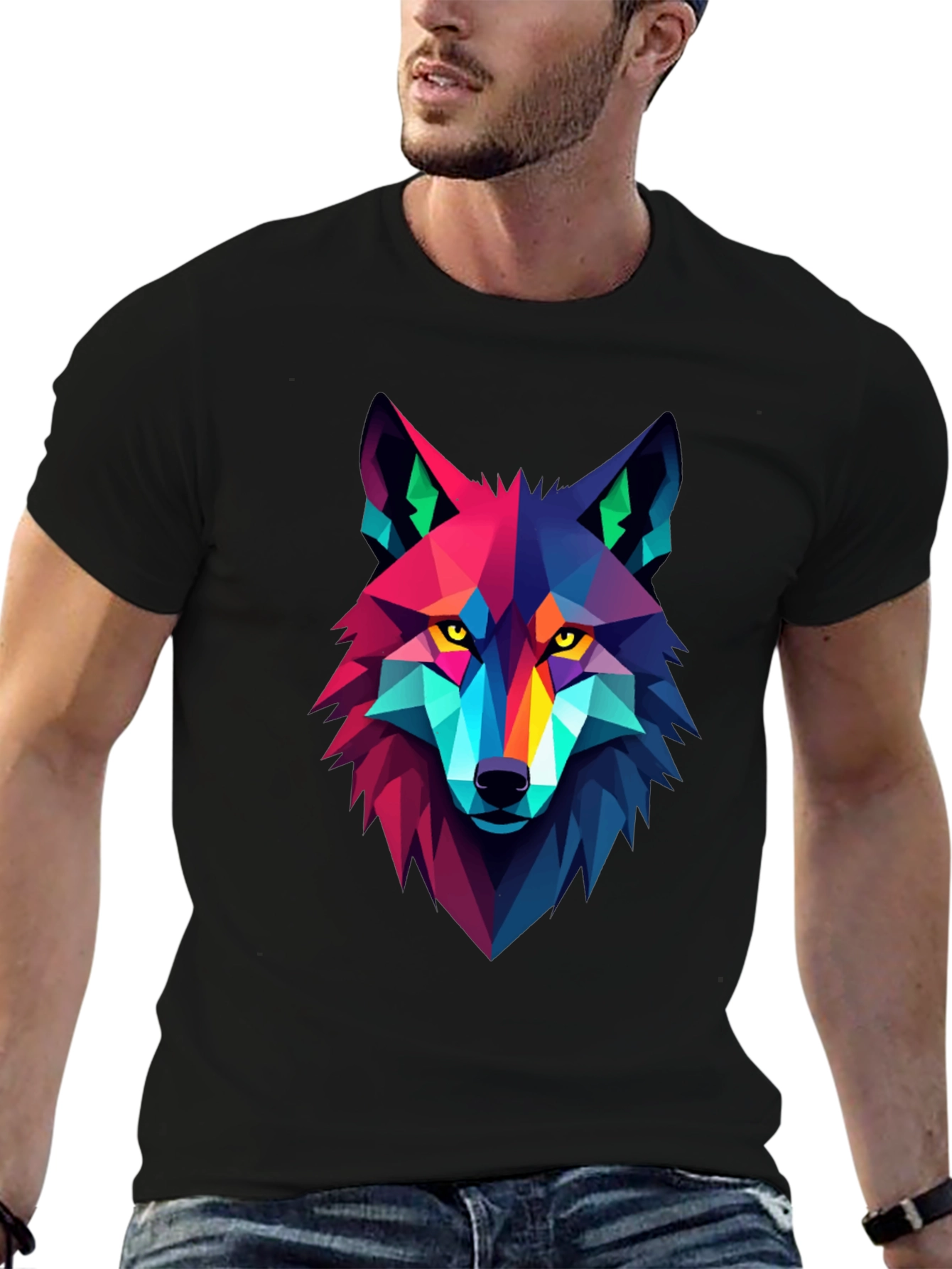 Geometric Wolf Graphic Black Tee
