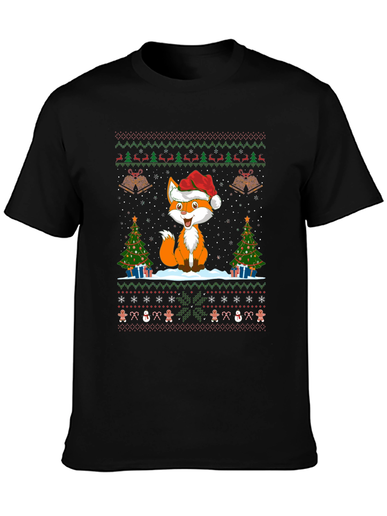 Festive Fox Christmas Pattern Black T-Shirt