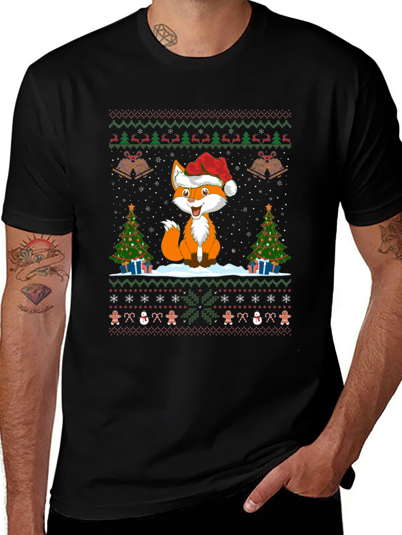 Festive Fox Christmas Pattern Black T-Shirt