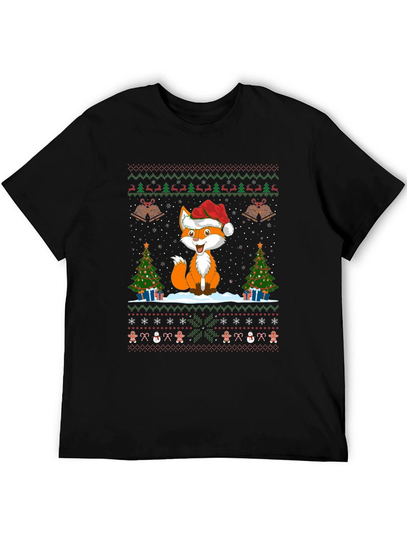 Festive Fox Christmas Pattern Black T-Shirt