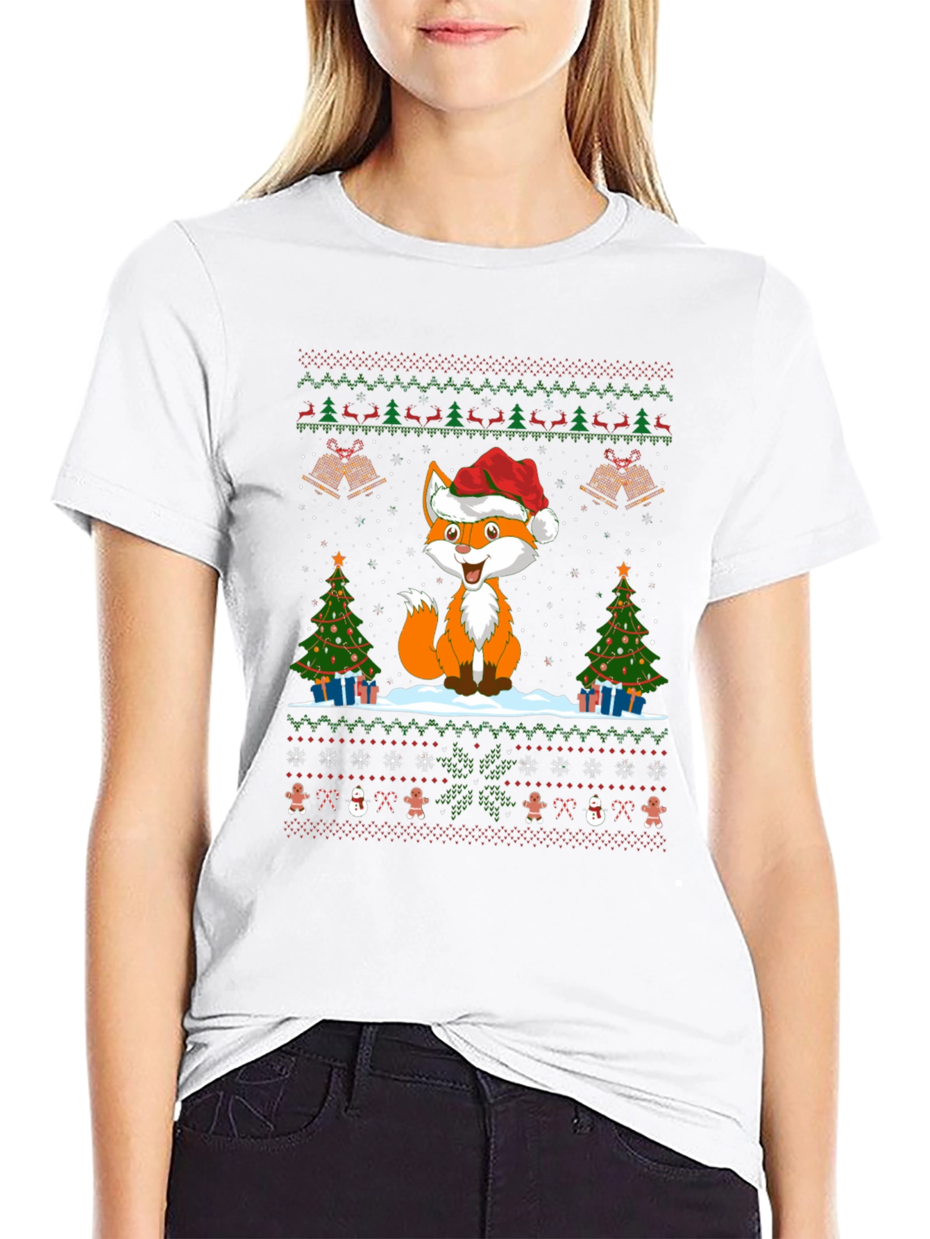Festive Fox Christmas Pattern Black T-Shirt