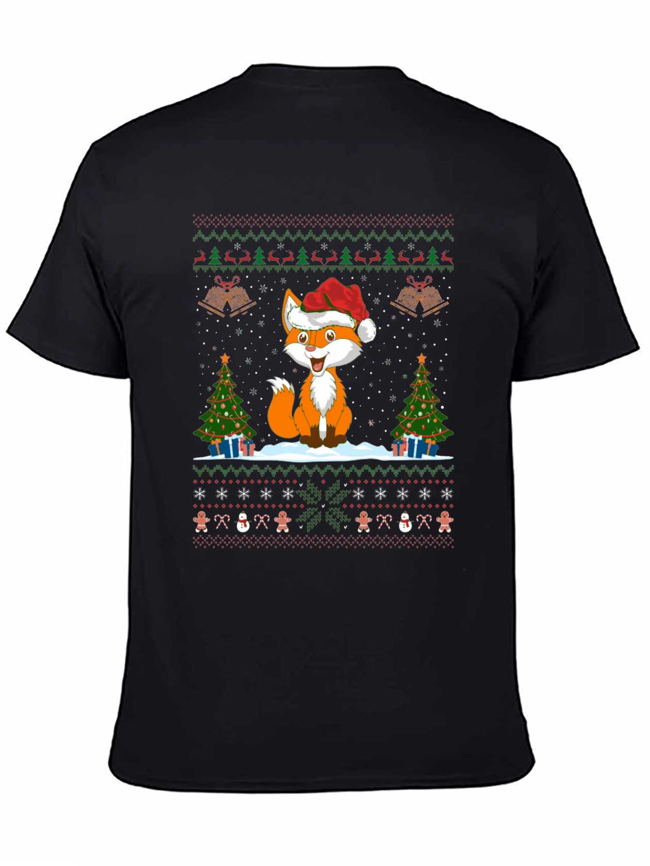 Festive Fox Christmas Pattern Black T-Shirt