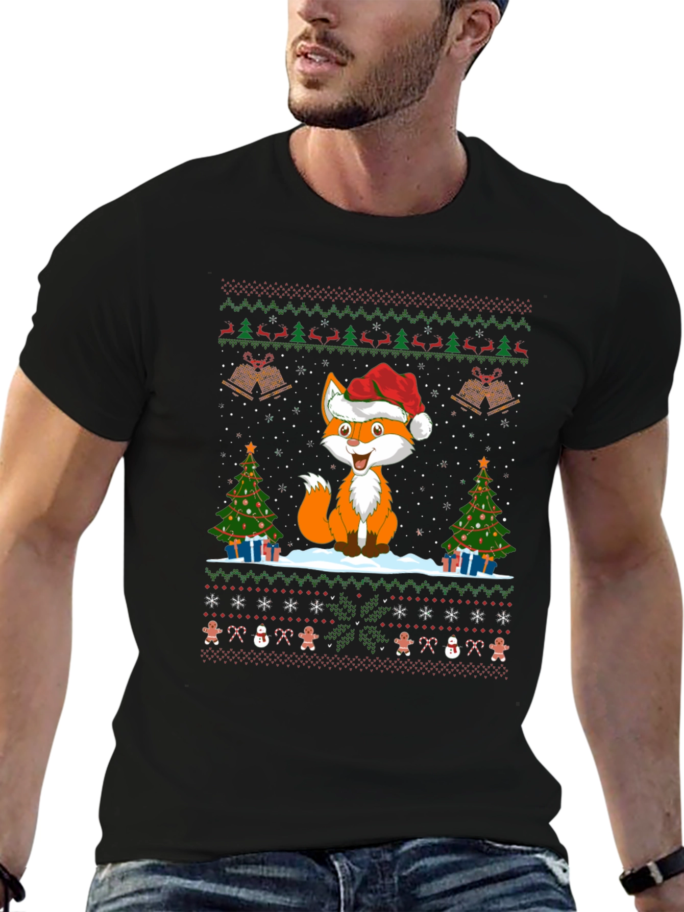 Festive Fox Christmas Pattern Black T-Shirt