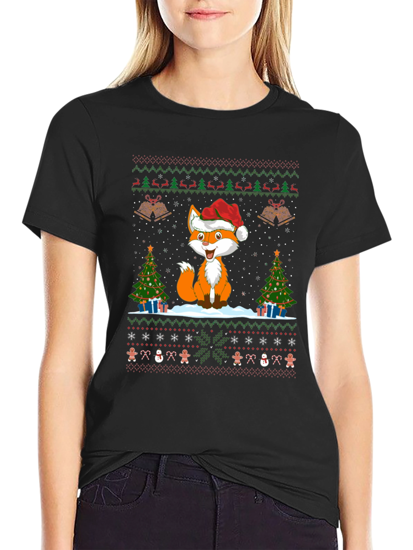 Festive Fox Christmas Pattern Black T-Shirt