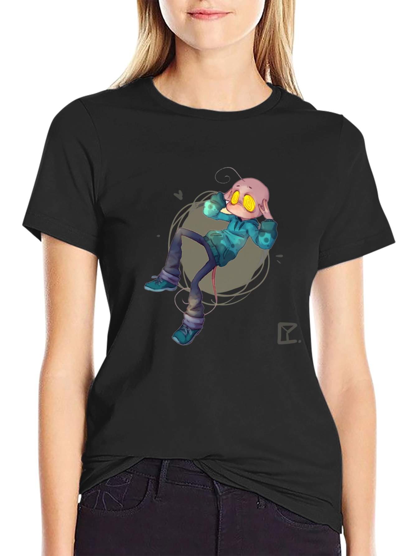 Alien Cartoon Graphic Print Black T-Shirt