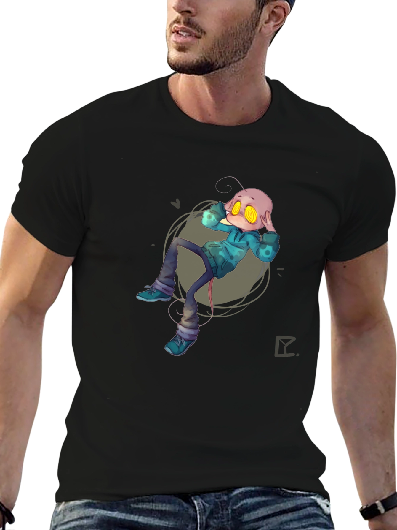 Alien Cartoon Graphic Print Black T-Shirt