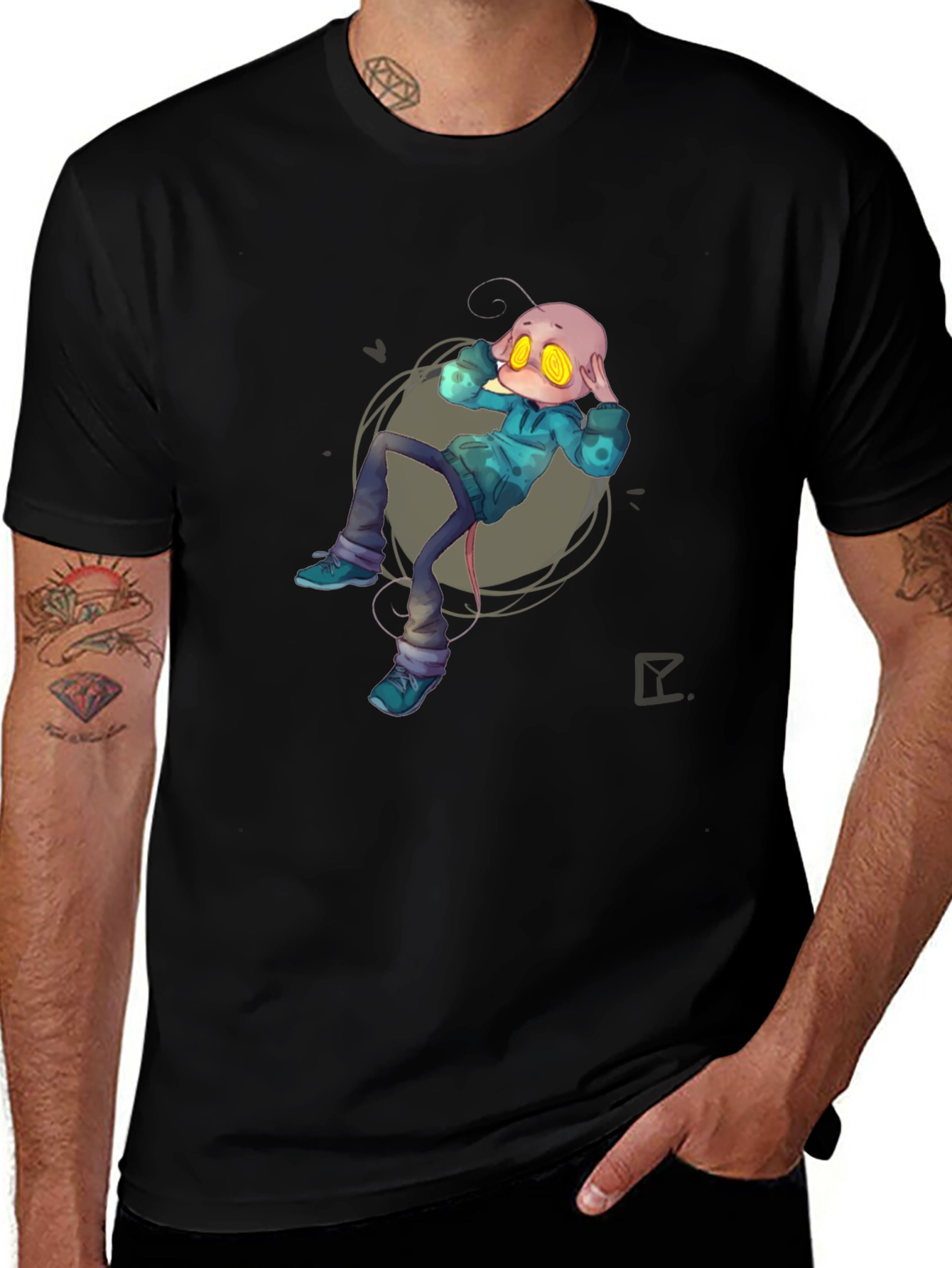 Alien Cartoon Graphic Print Black T-Shirt