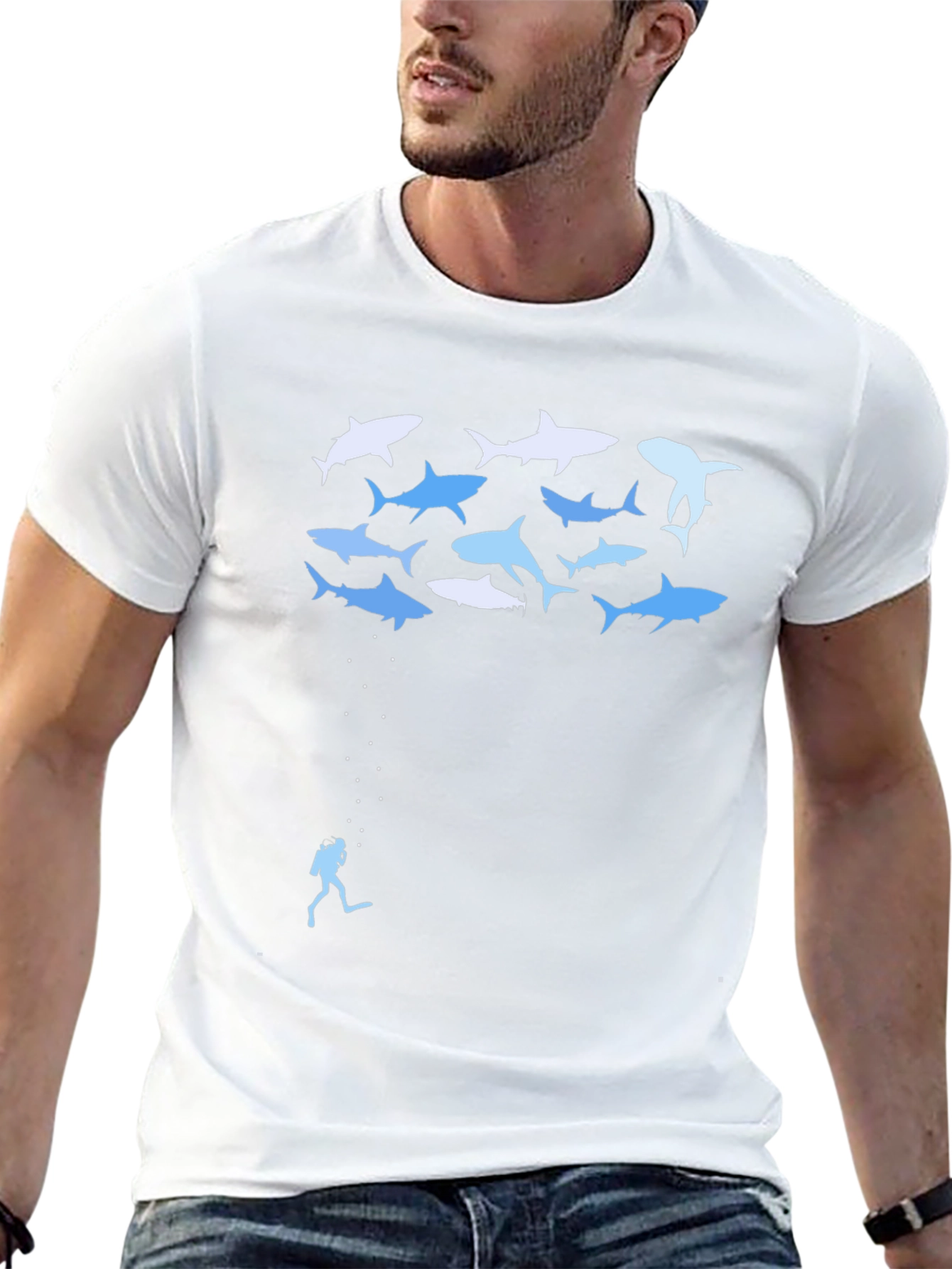 Shark Diver Graphic Tee - Black Cotton T-Shirt