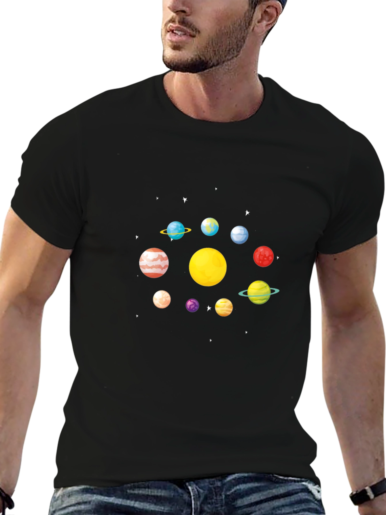 Planets Graphic T-Shirt - Black Casual Style