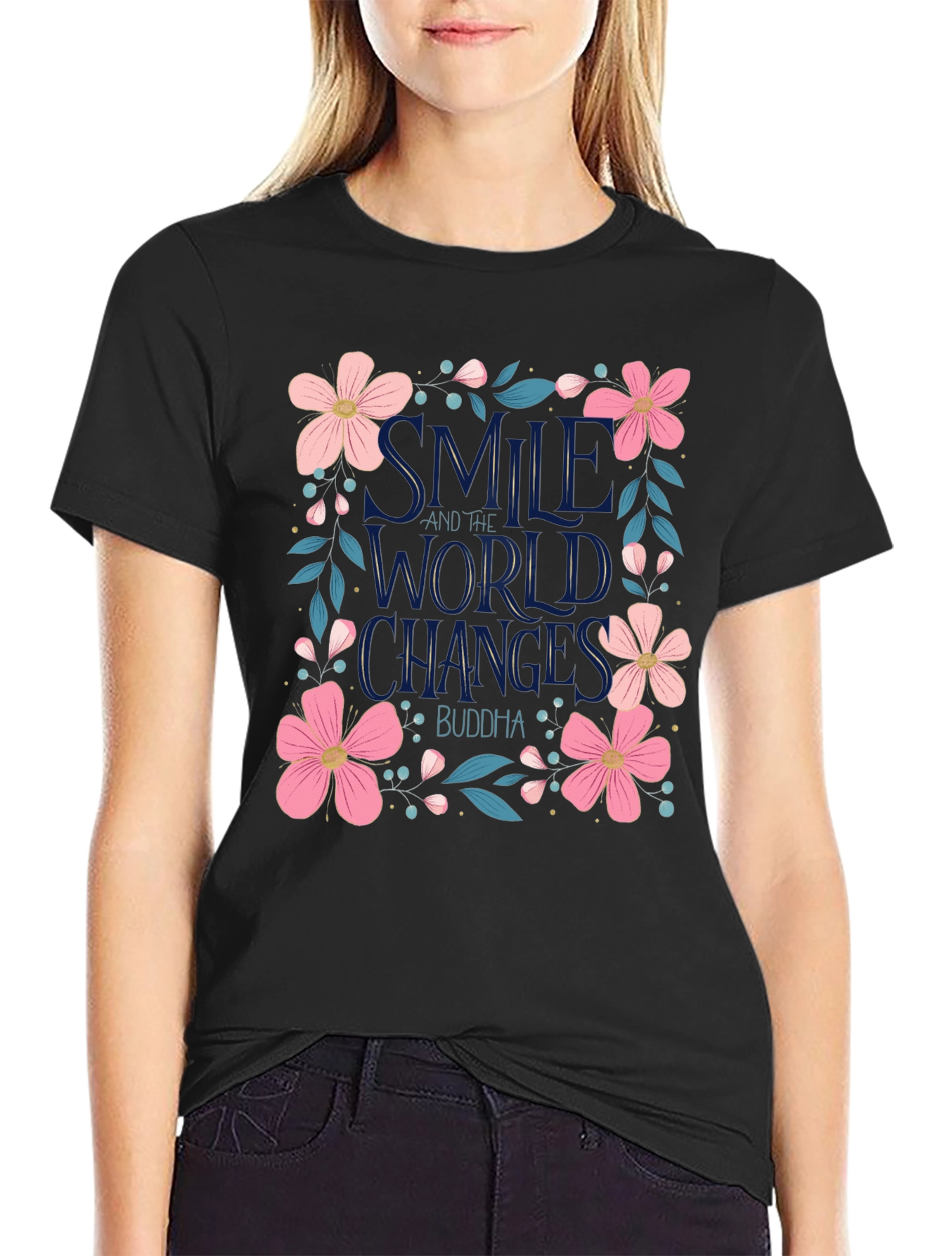 Floral Smile World Changes Buddha Black T-Shirt
