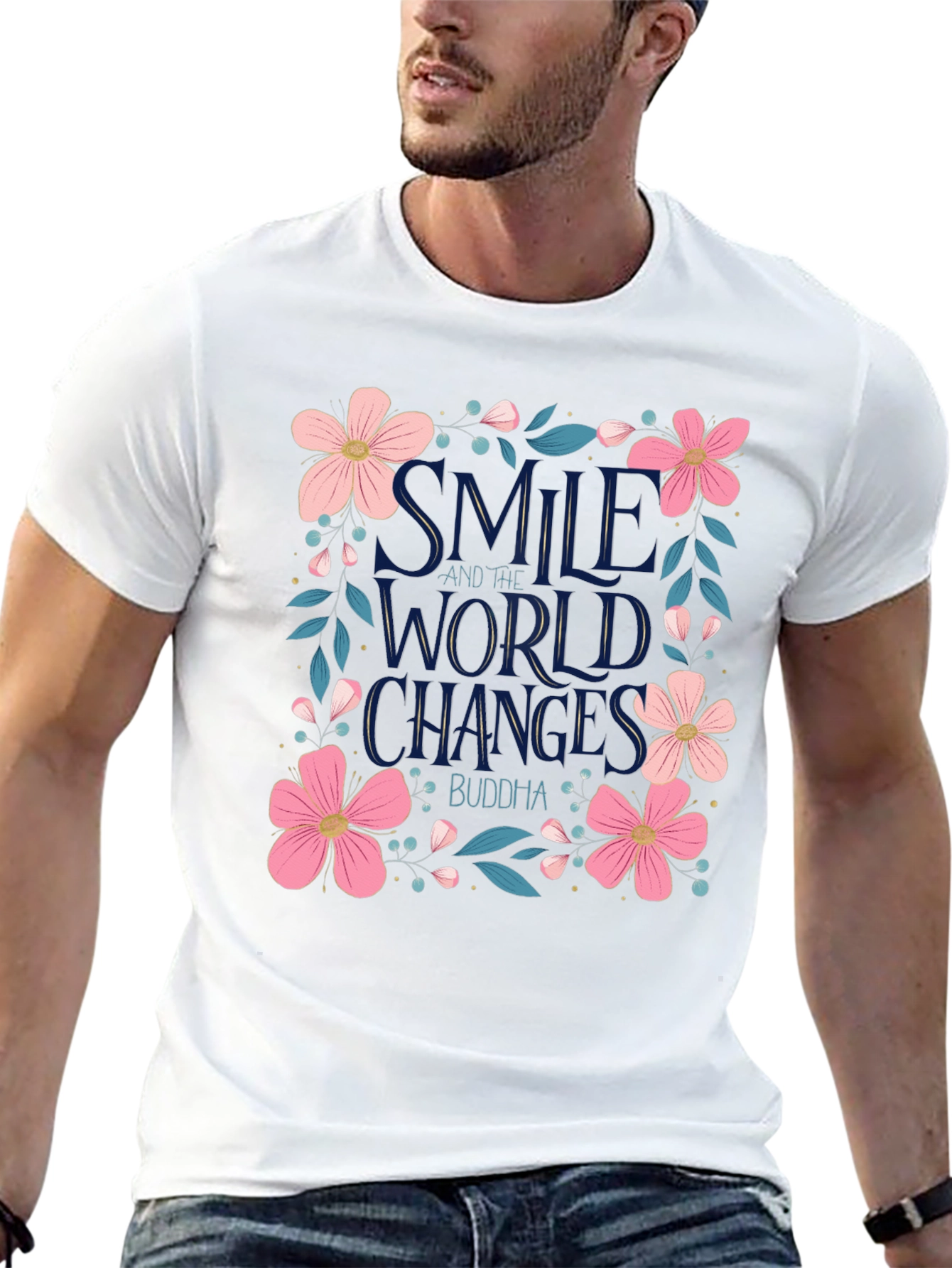 Floral Smile World Changes Buddha Black T-Shirt