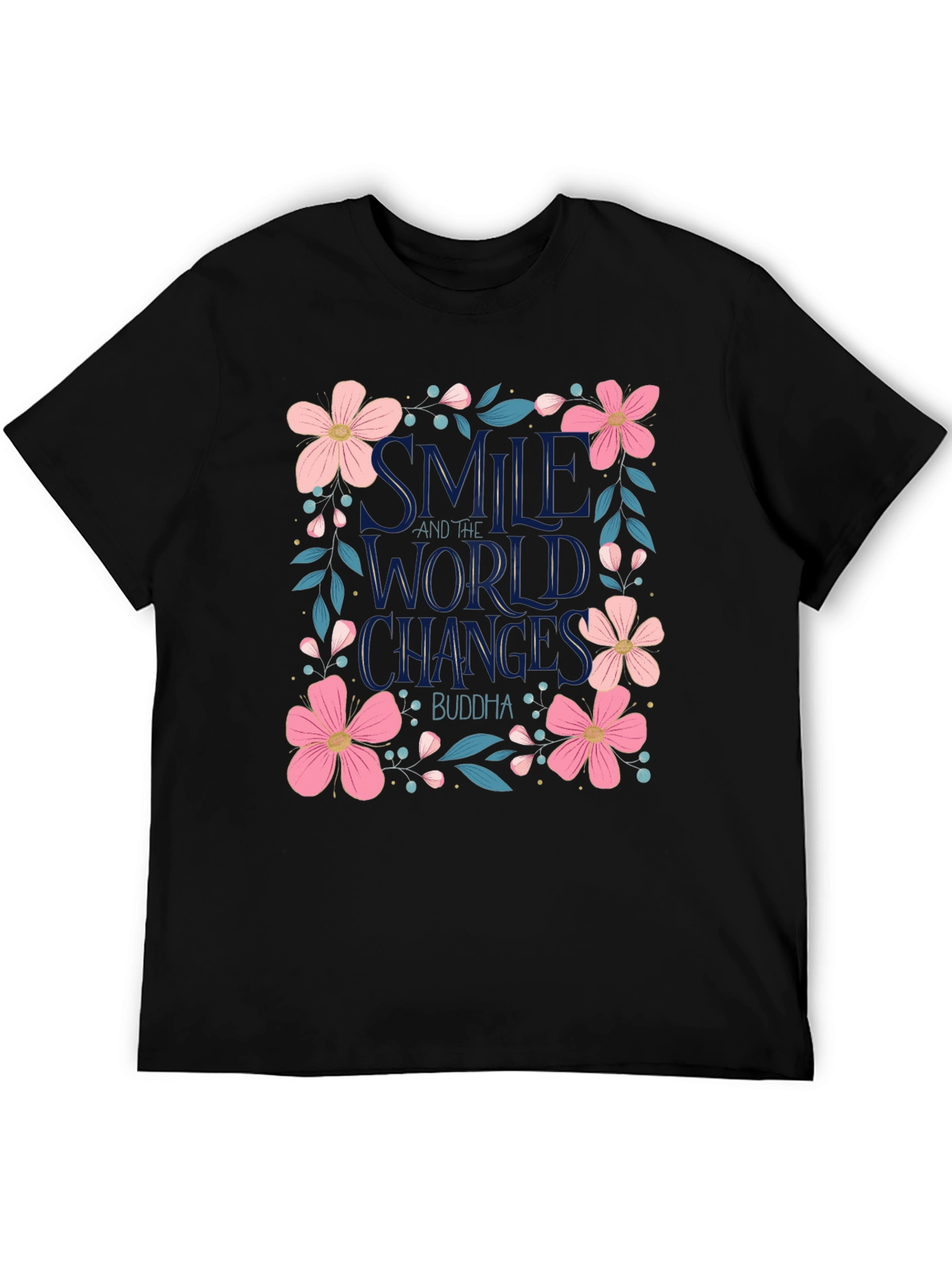 Floral Smile World Changes Buddha Black T-Shirt