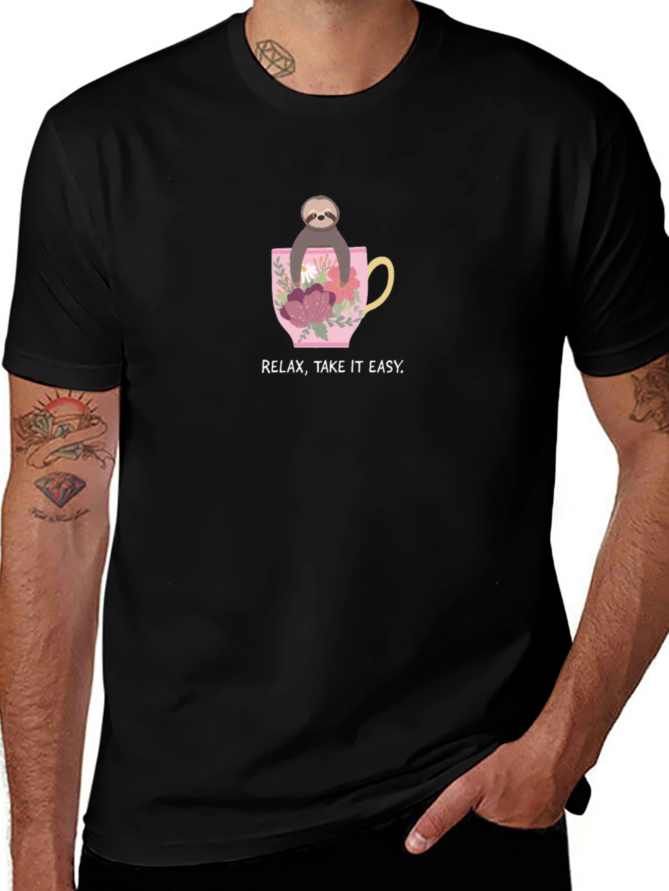 Relax Take it Easy Sloth in Teacup Black T-Shirt