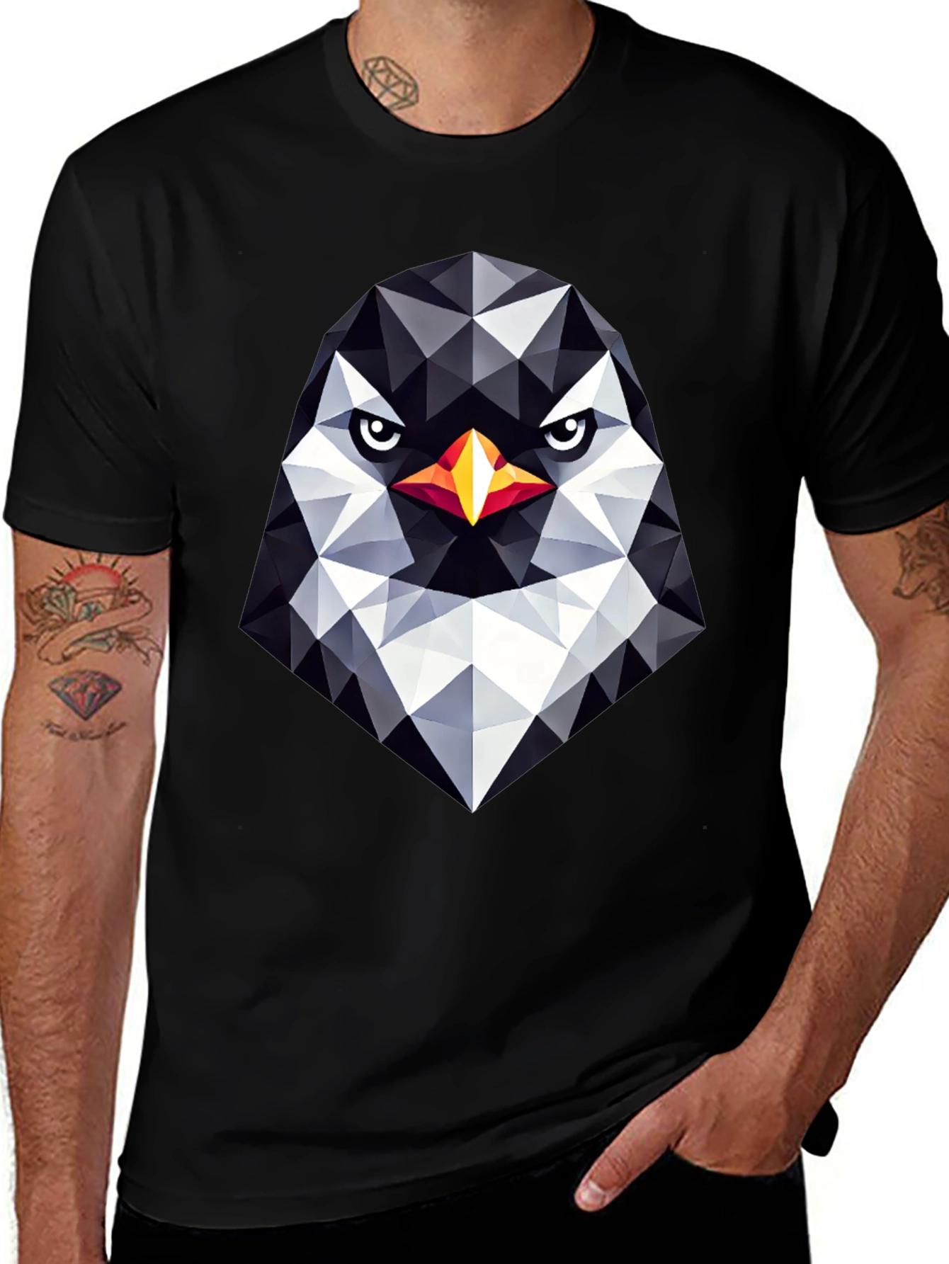 Geometric Penguin Head Black T-Shirt