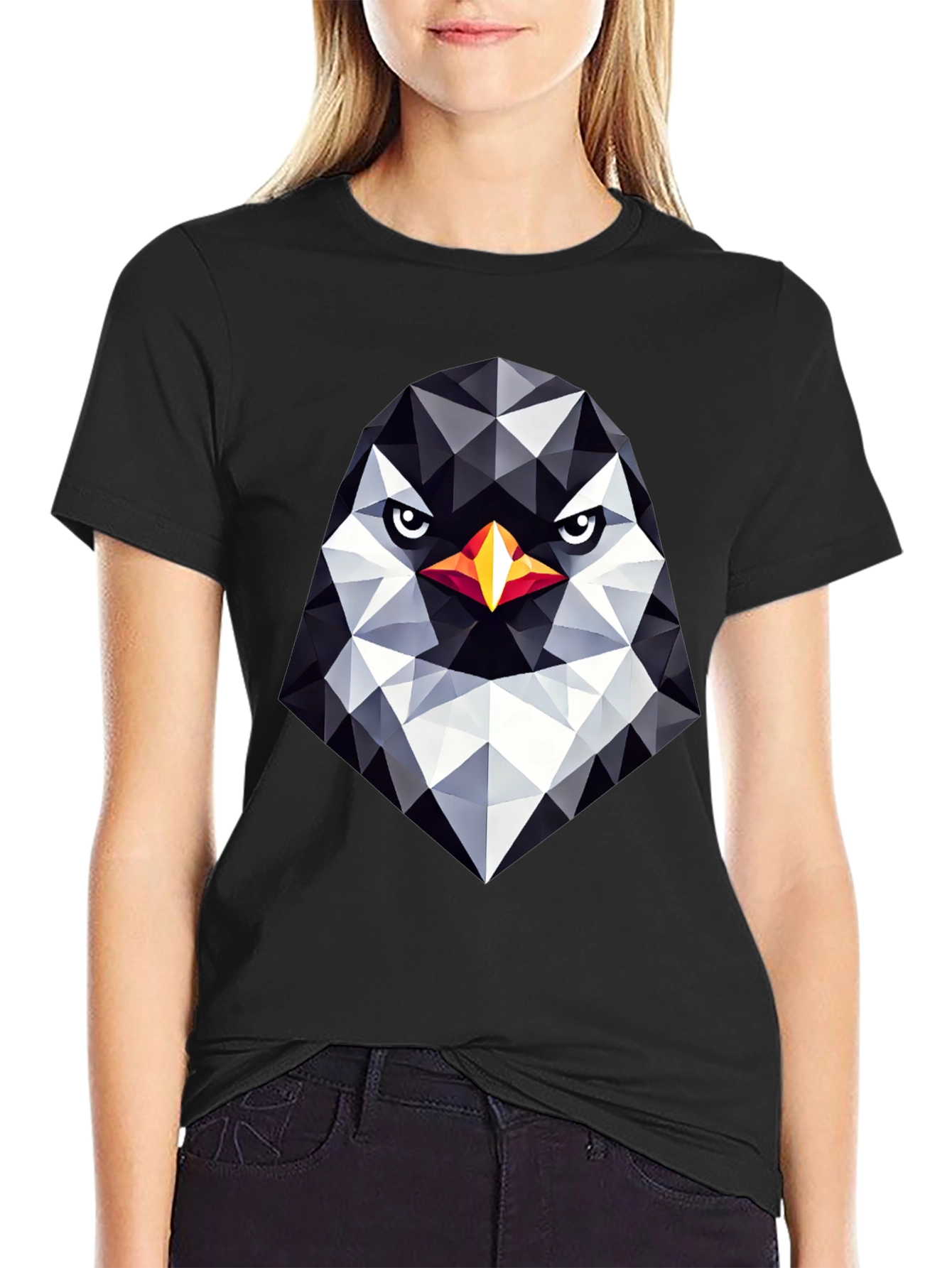 Geometric Penguin Head Black T-Shirt