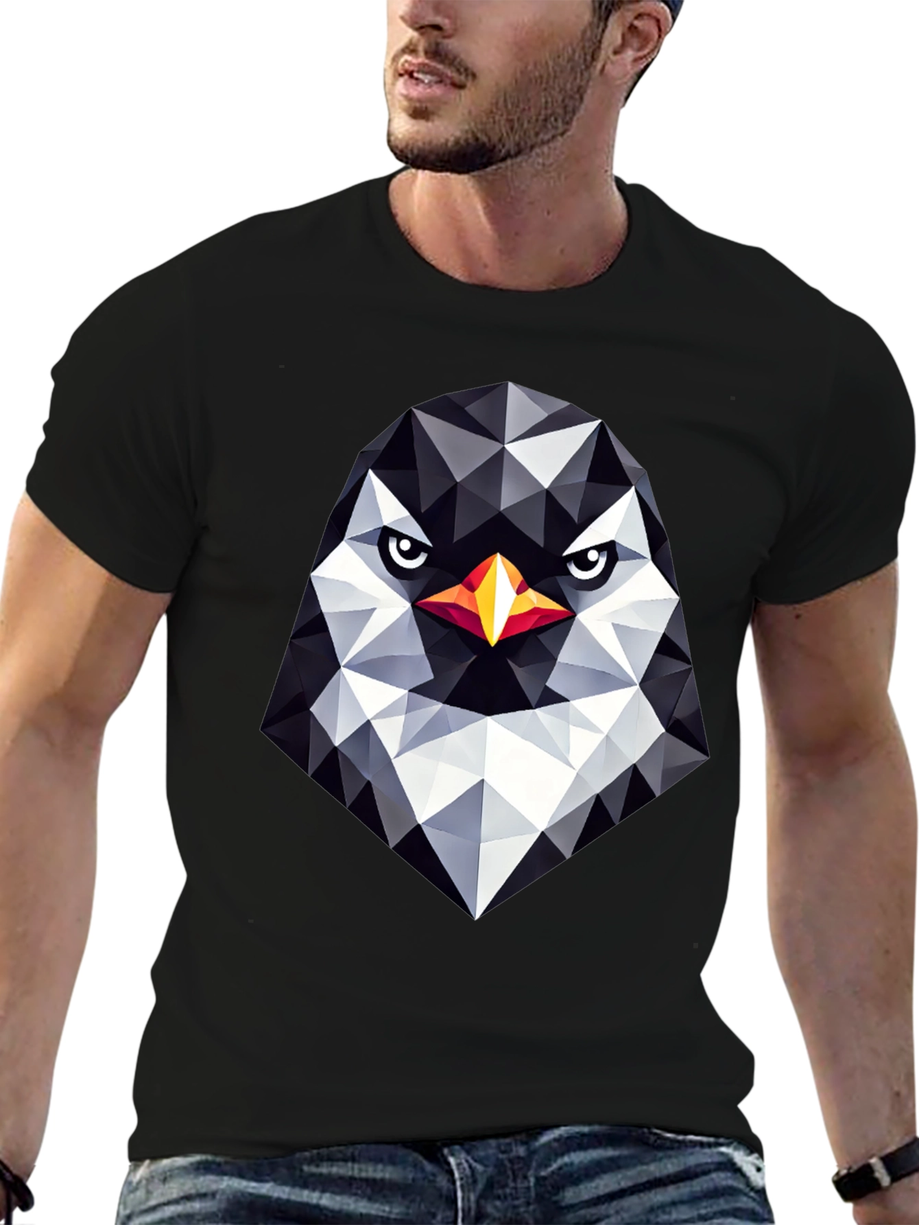 Geometric Penguin Head Black T-Shirt
