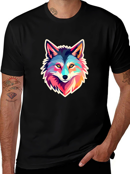 Cool Colorful Wolf Graphic Black T-Shirt