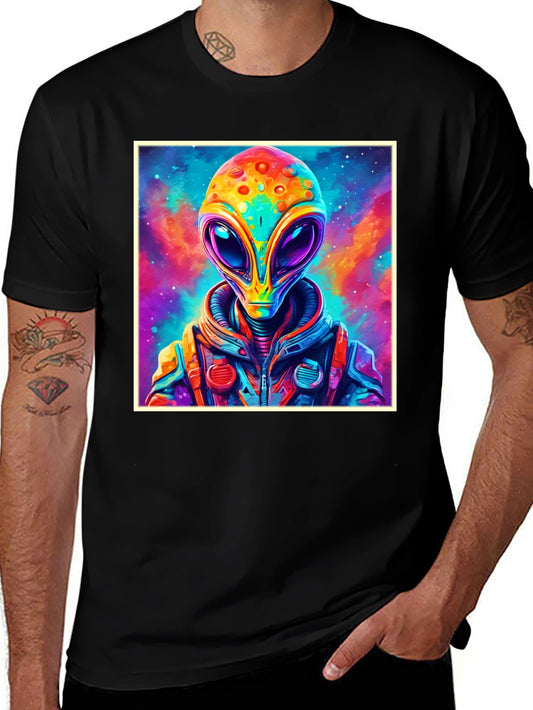 Colorful Alien Graphic Tee - Black Cotton T-Shirt