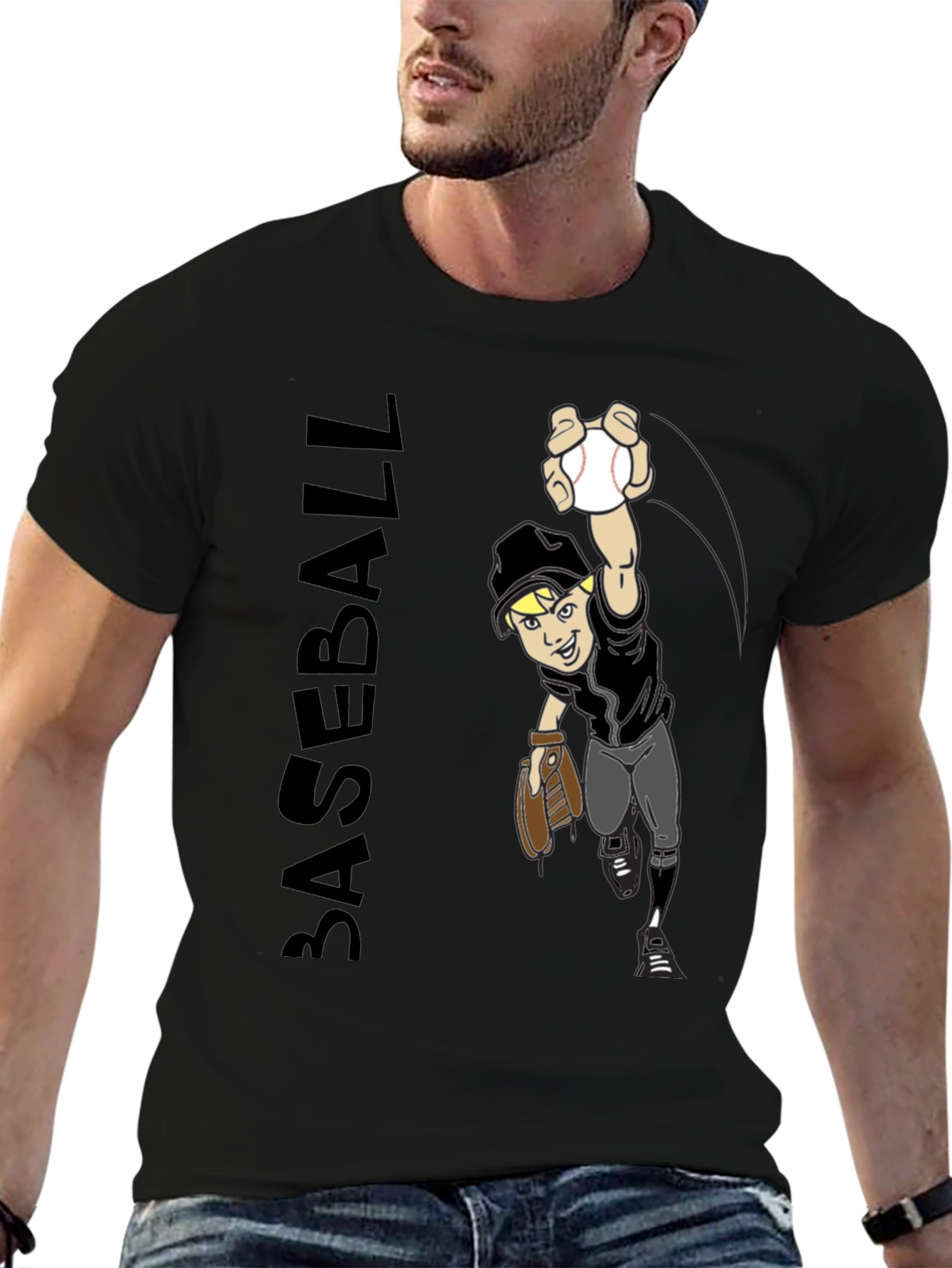Baseball Player Graphic Tee - Black T-Shirt