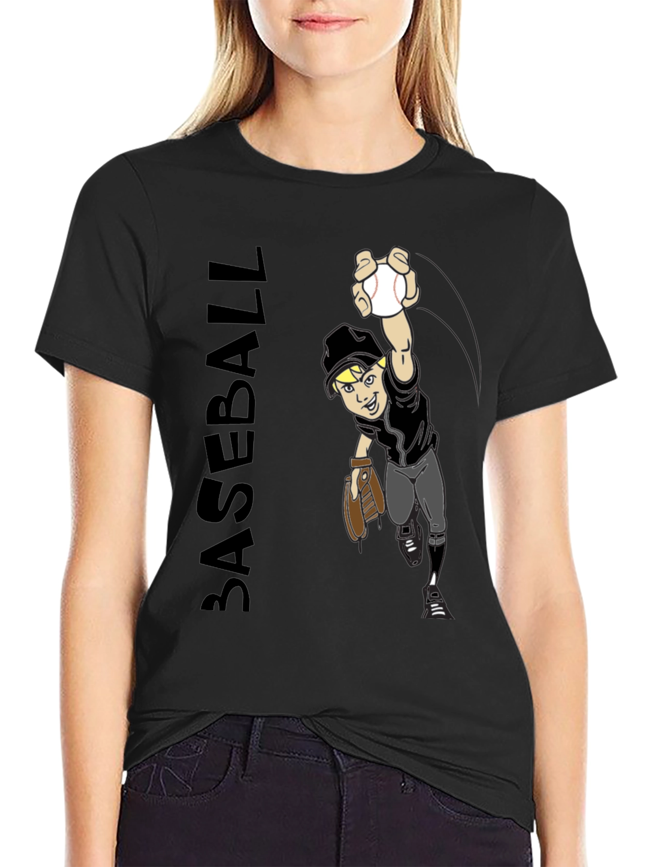 Baseball Player Graphic Tee - Black T-Shirt