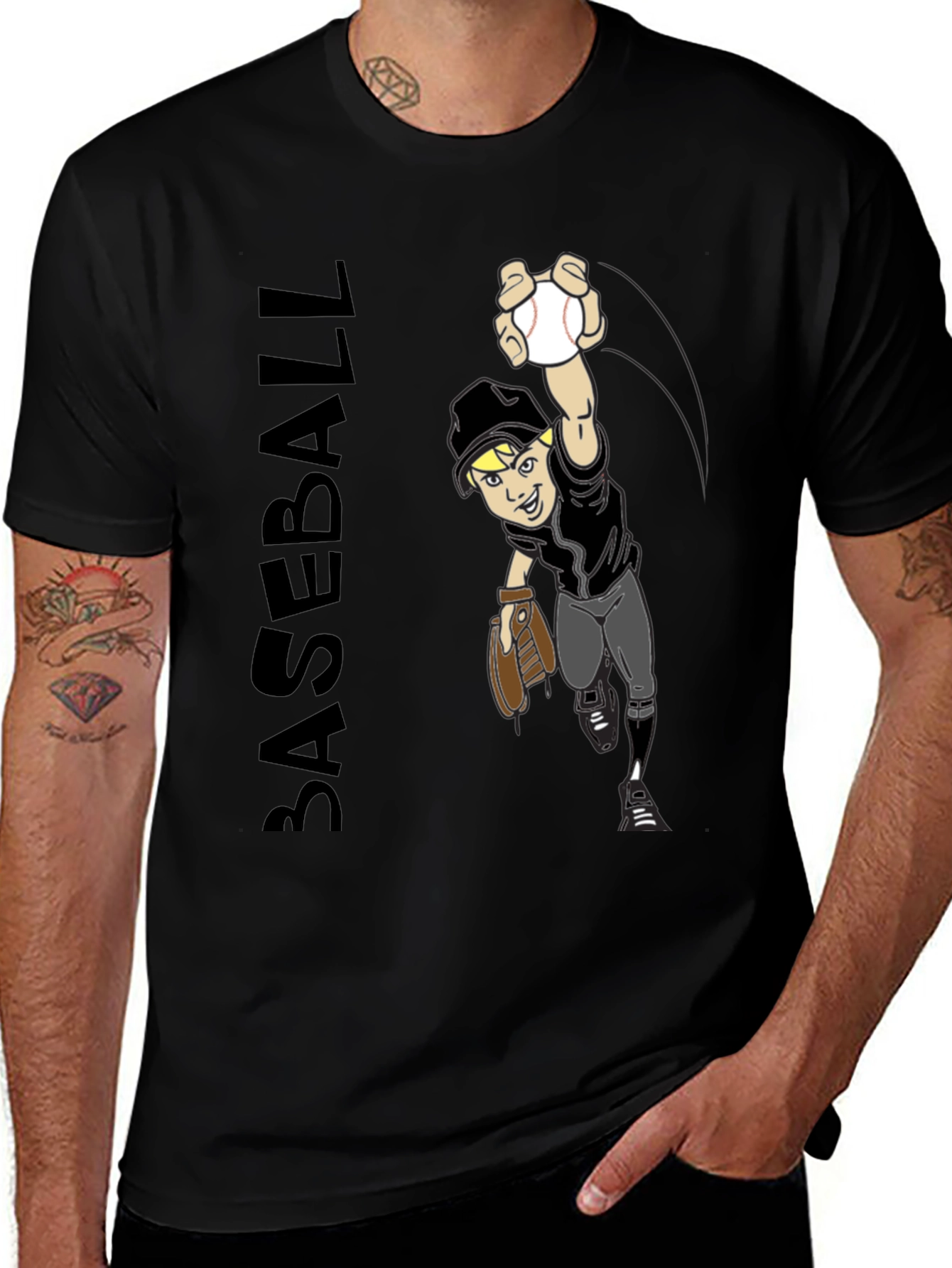 Baseball Player Graphic Tee - Black T-Shirt