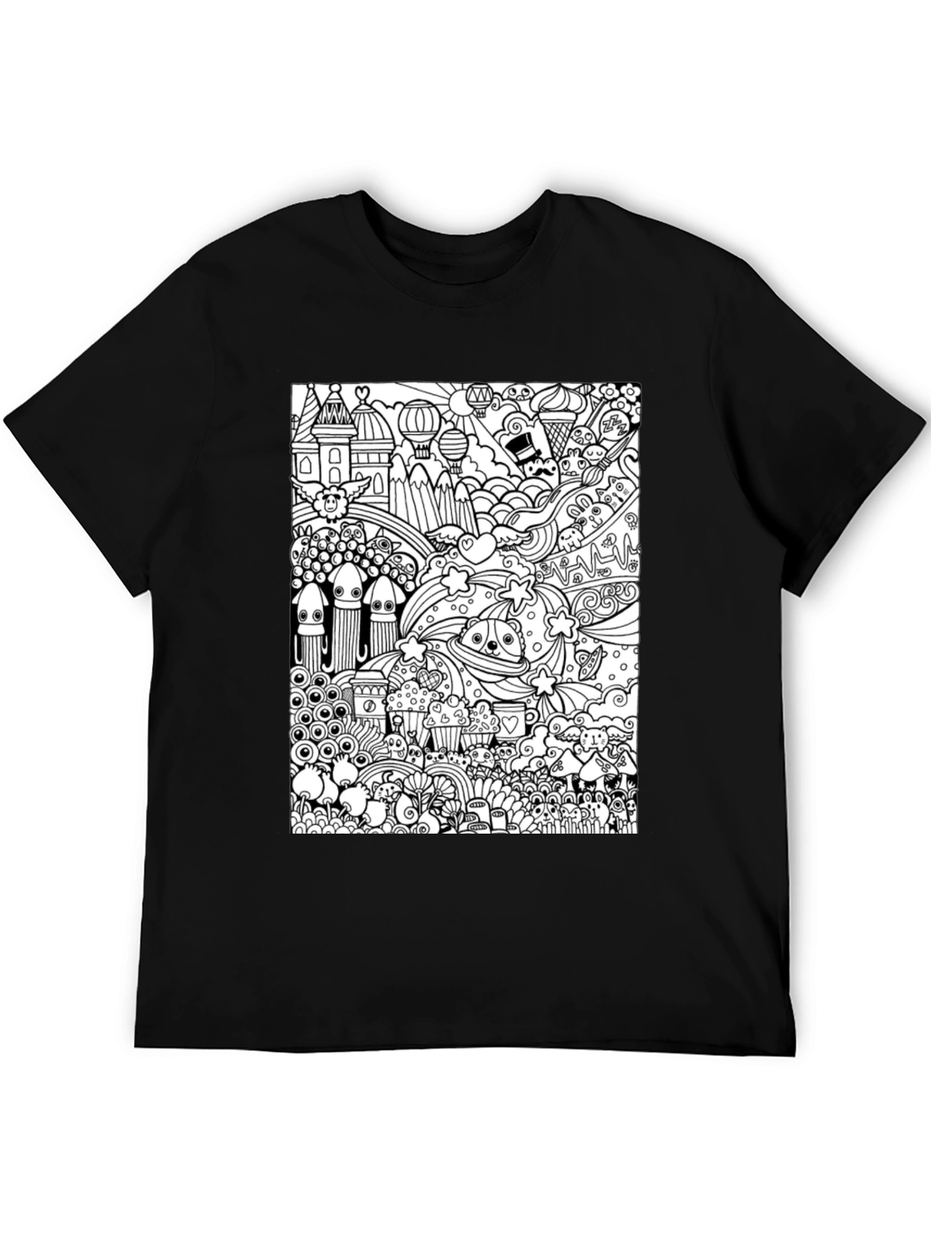 Doodle Art Graphic Tee - Black Cotton Casual Shirt