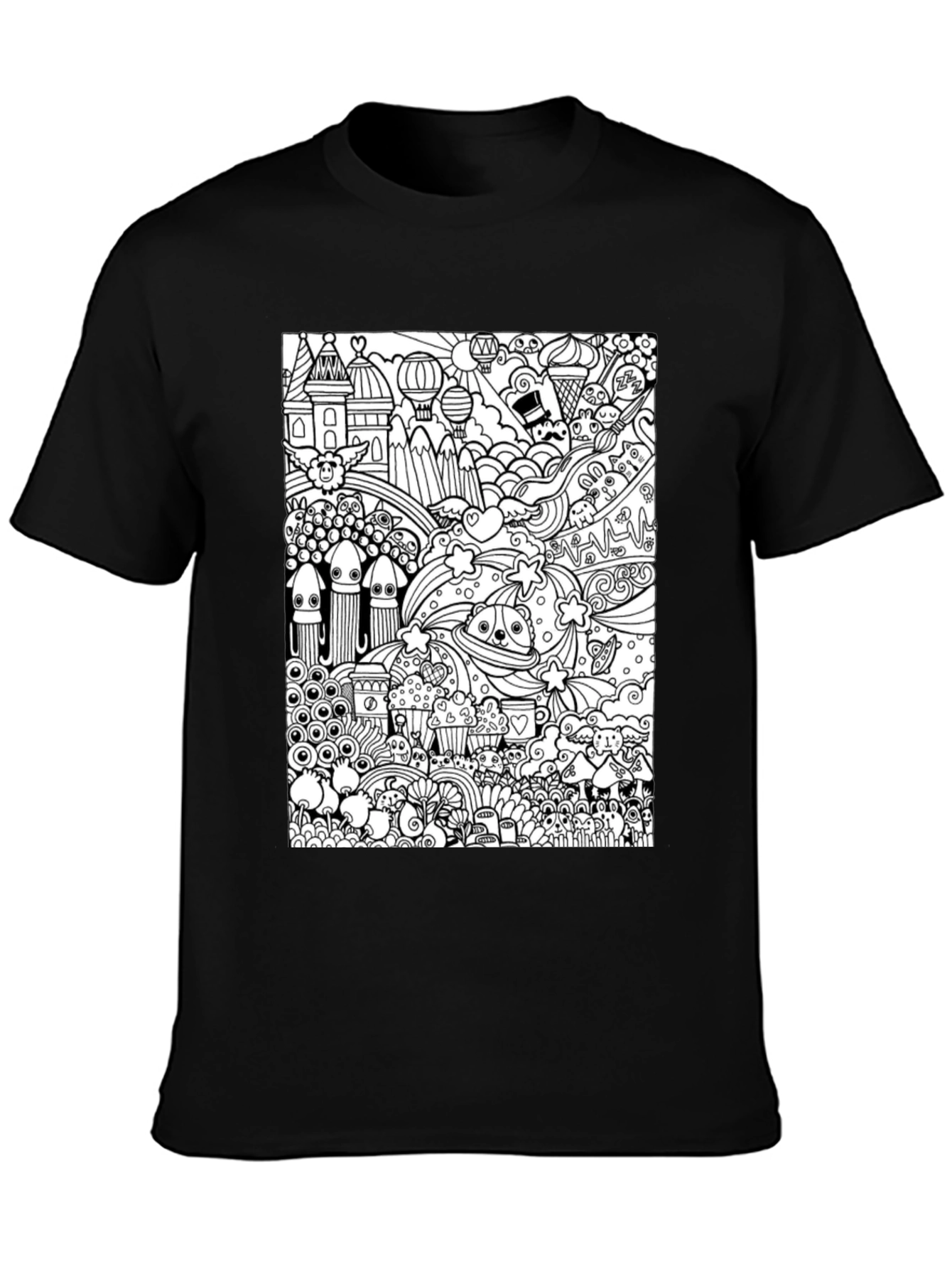 Doodle Art Graphic Tee - Black Cotton Casual Shirt