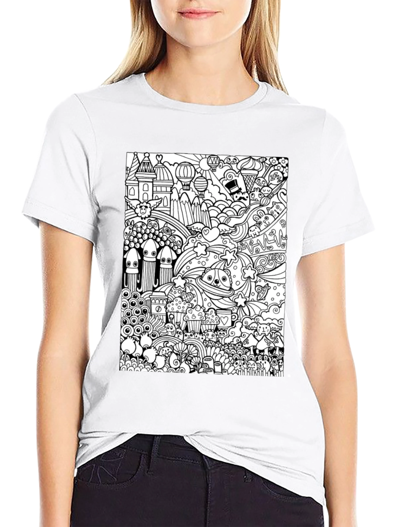 Doodle Art Graphic Tee - Black Cotton Casual Shirt