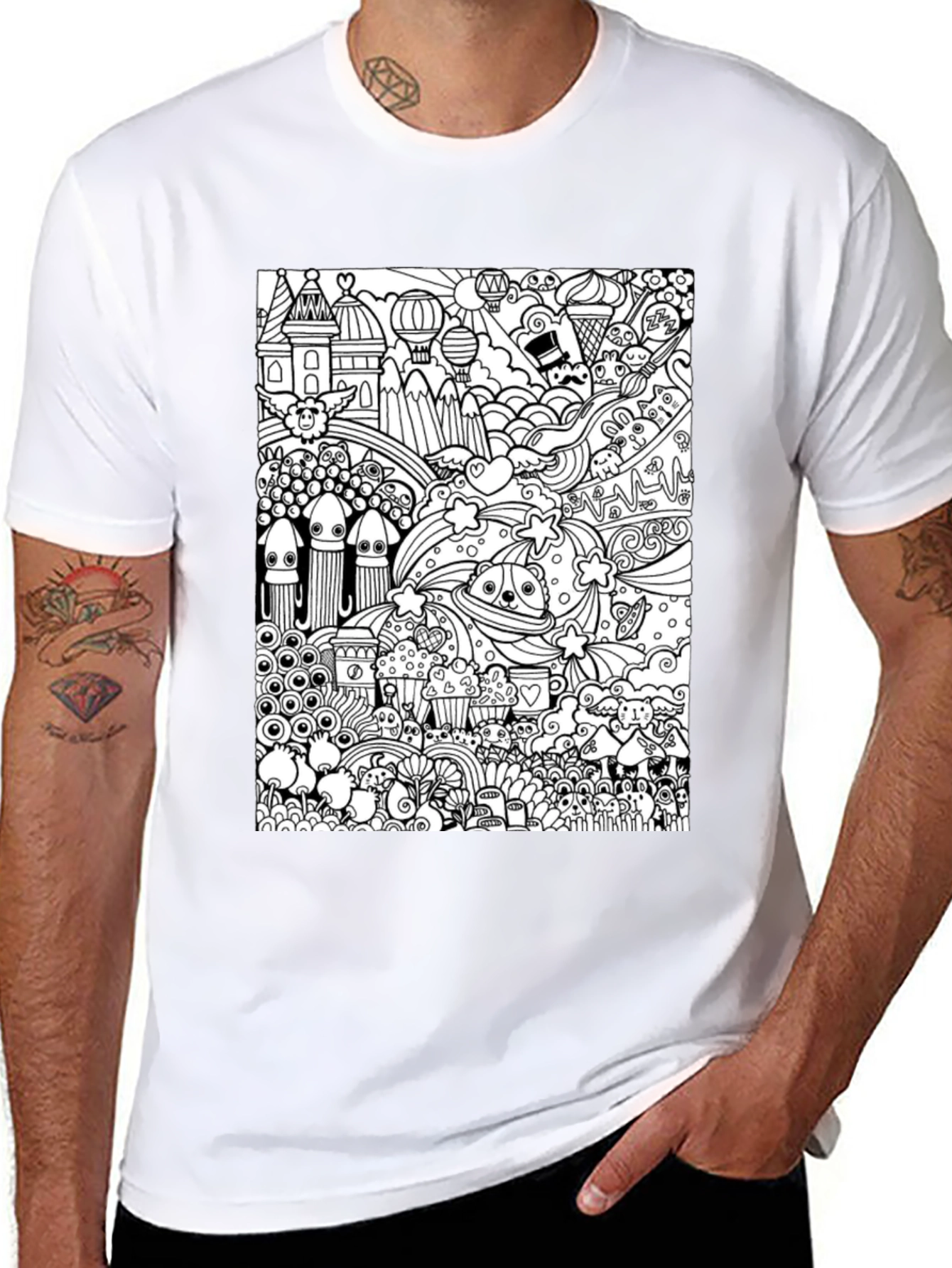 Doodle Art Graphic Tee - Black Cotton Casual Shirt