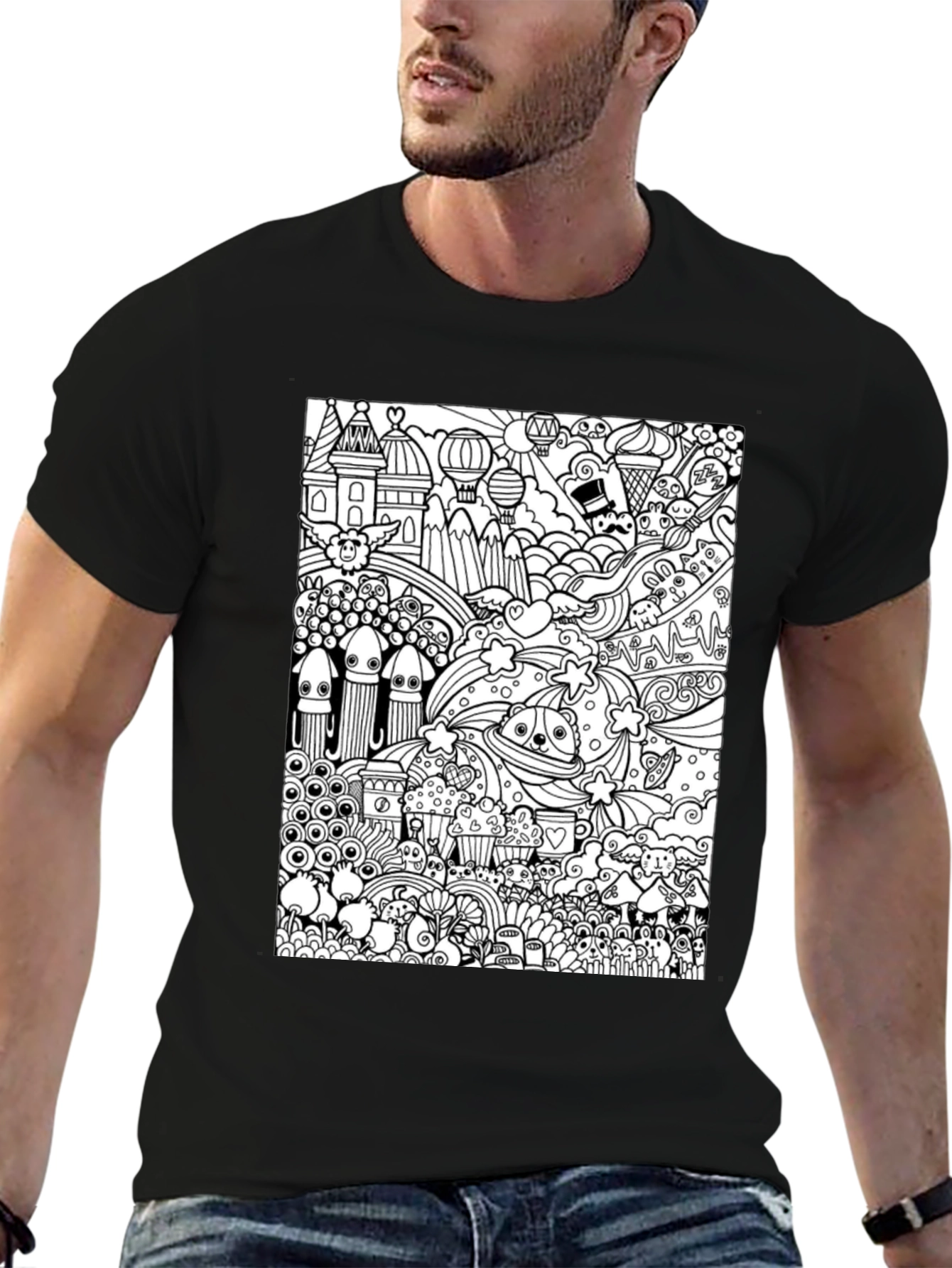 Doodle Art Graphic Tee - Black Cotton Casual Shirt