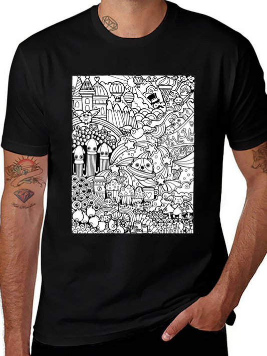 Doodle Art Graphic Tee - Black Cotton Casual Shirt