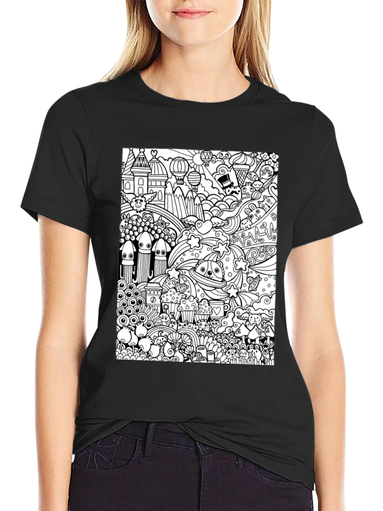 Doodle Art Graphic Tee - Black Cotton Casual Shirt