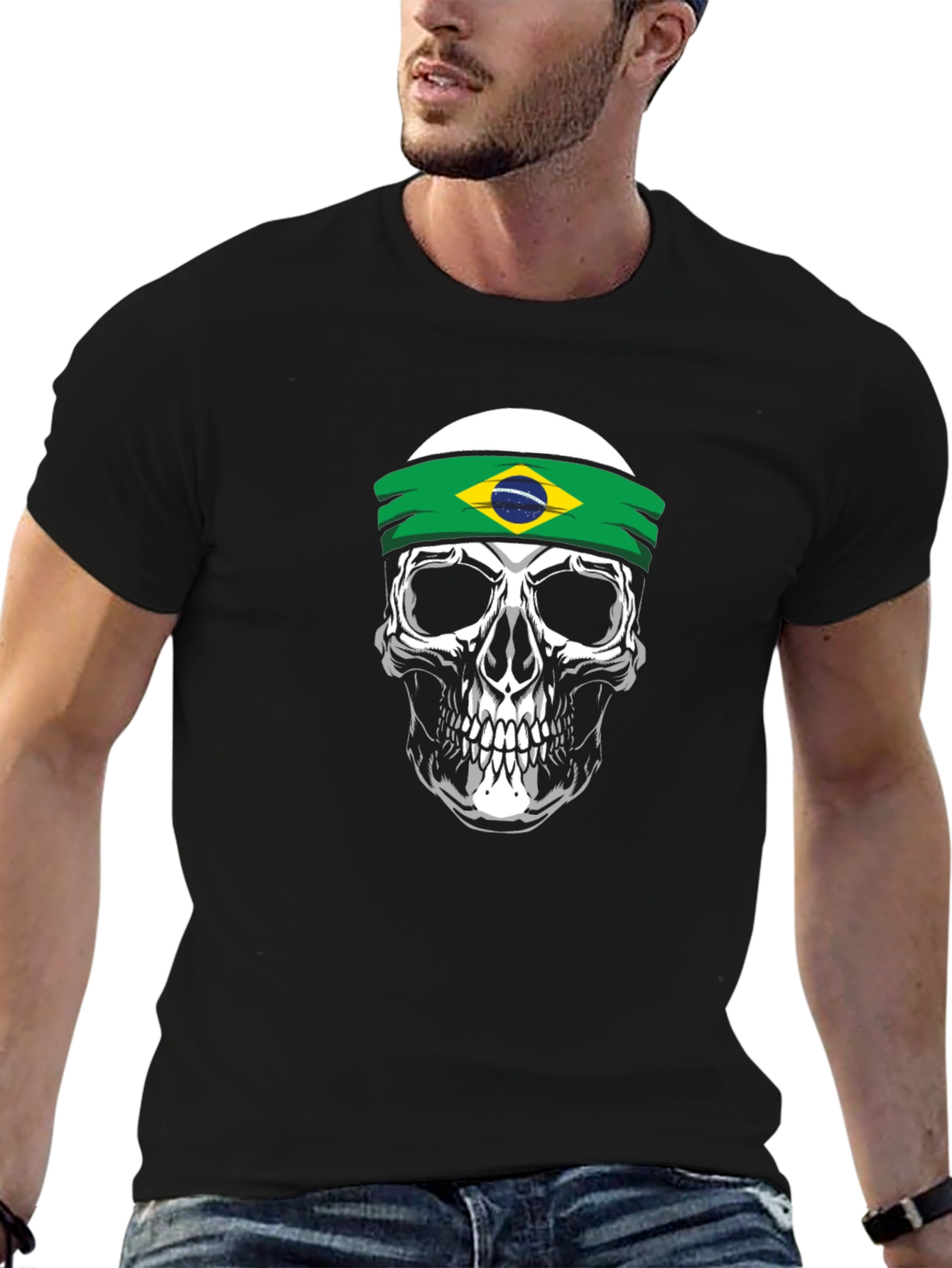 Skull Brazil Flag Headband Graphic T-Shirt
