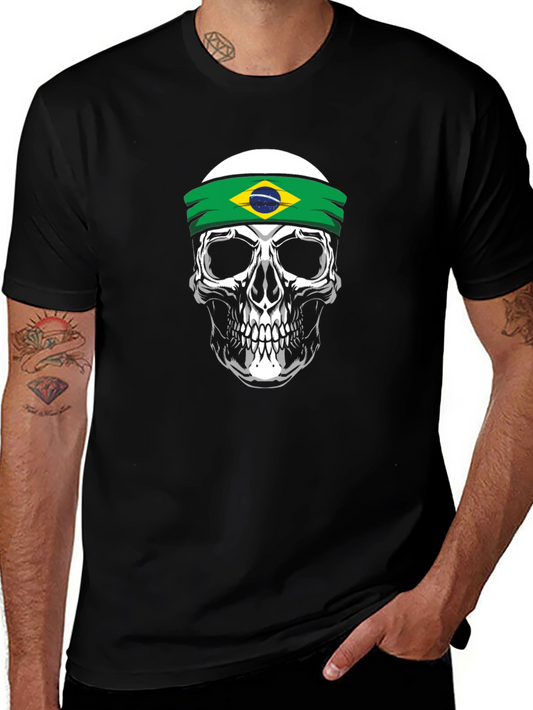 Skull Brazil Flag Headband Graphic T-Shirt