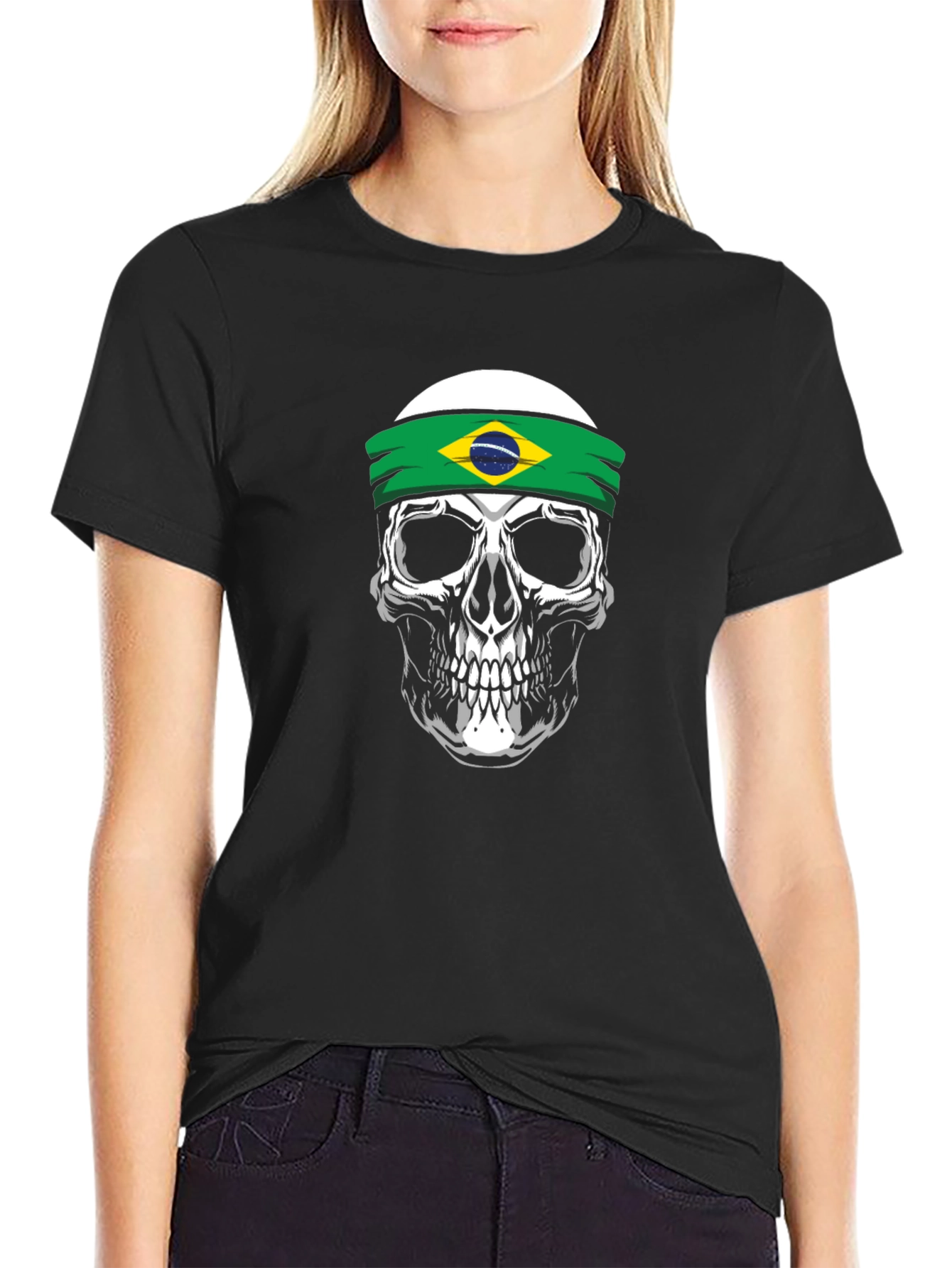 Skull Brazil Flag Headband Graphic T-Shirt