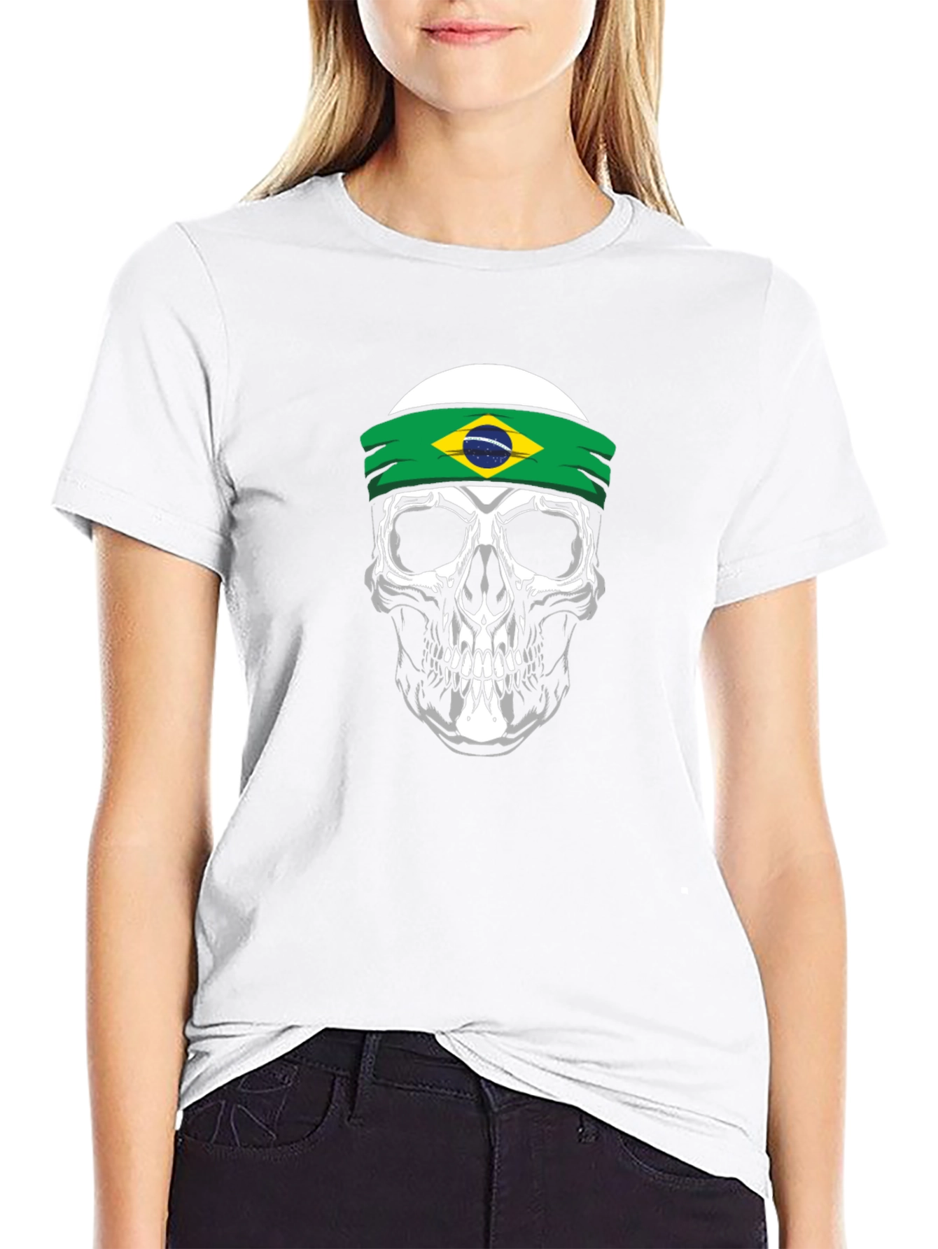 Skull Brazil Flag Headband Graphic T-Shirt