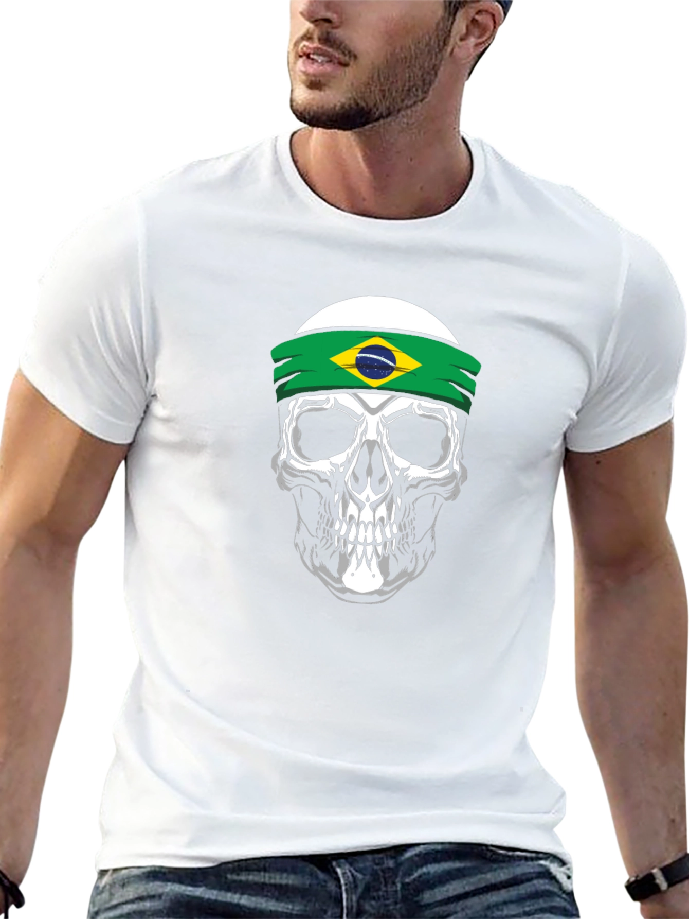 Skull Brazil Flag Headband Graphic T-Shirt