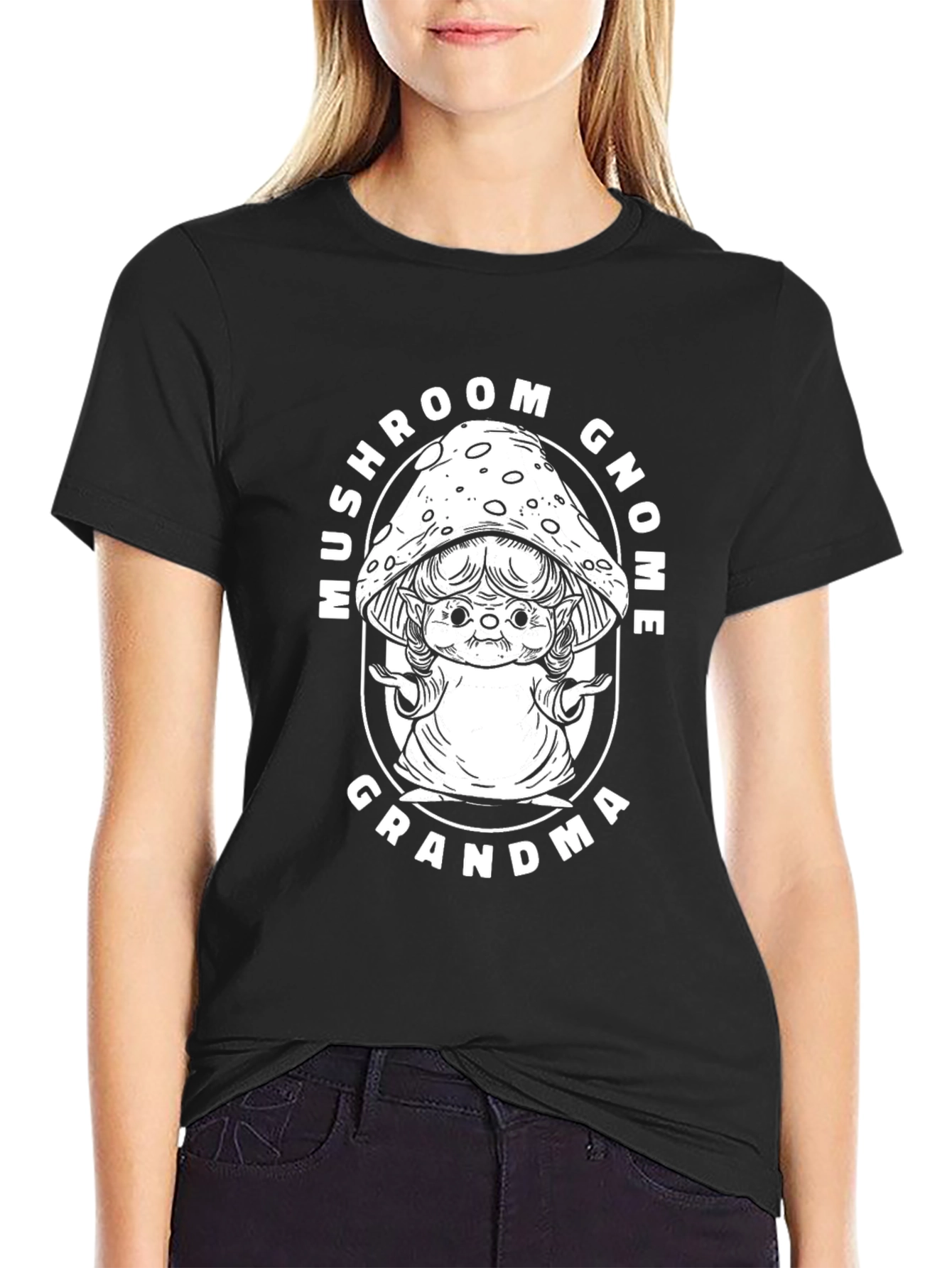 Mushroom Gnome Grandma Black T-Shirt